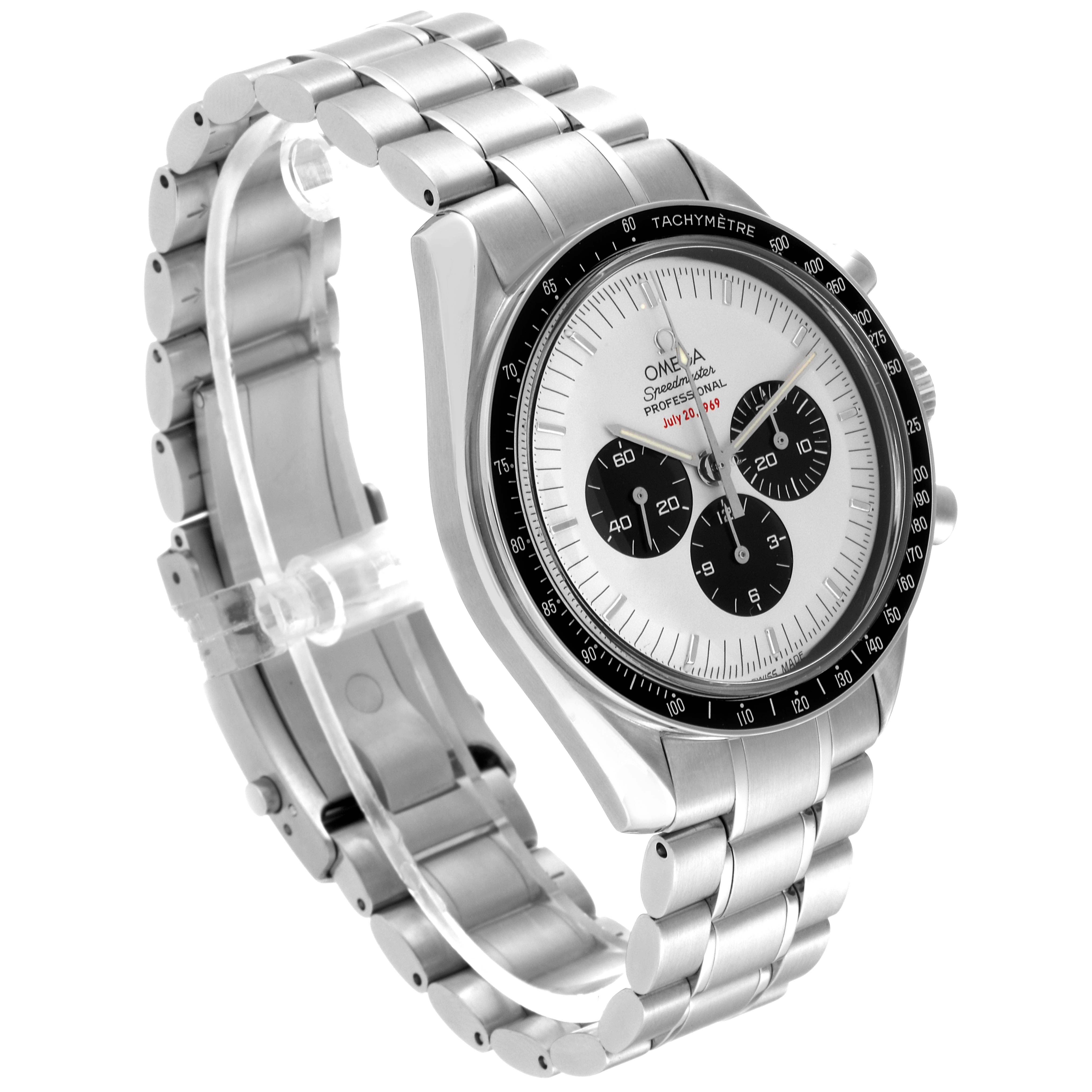 The image shows an Omega Speedmaster 3569.31.00 Men's Stainless Steel Silver Dial 3569.31.00 Men's Stainless Steel Silver Dial watch from a front-left angle, highlighting its bezel, dial, and stainless steel bracelet.