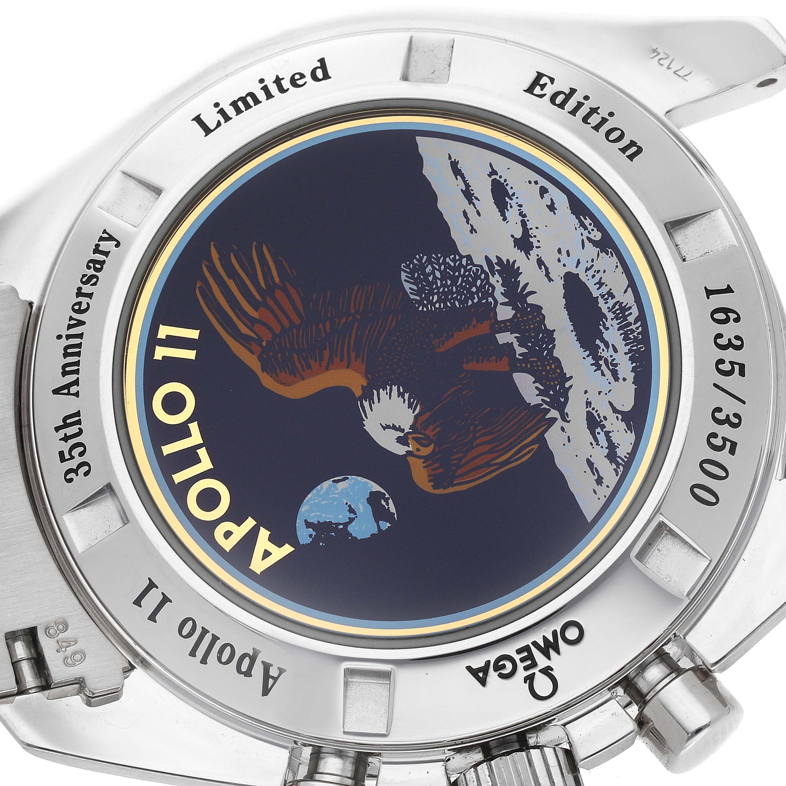This image shows the case back of the Omega Speedmaster 3569.31.00 Men's Stainless Steel Silver Dial 3569.31.00 Men's Stainless Steel Silver Dial Apollo 11 35th Anniversary Limited Edition model.