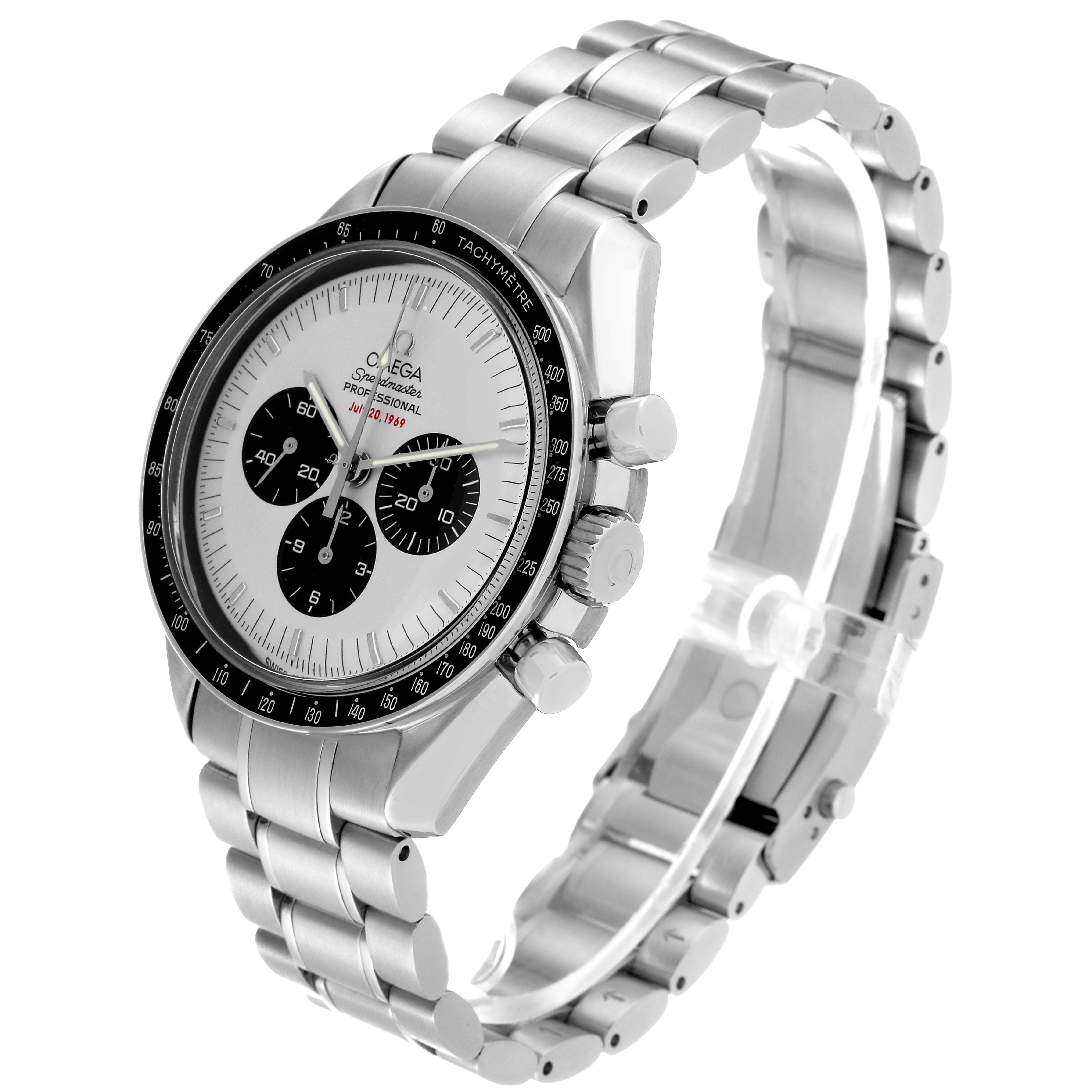 This image shows an Omega Speedmaster 3569.31.00 Men's Stainless Steel Silver Dial 3569.31.00 Men's Stainless Steel Silver Dial watch at a slight angle, highlighting its face, bezel, crown, pushers, and stainless steel bracelet.