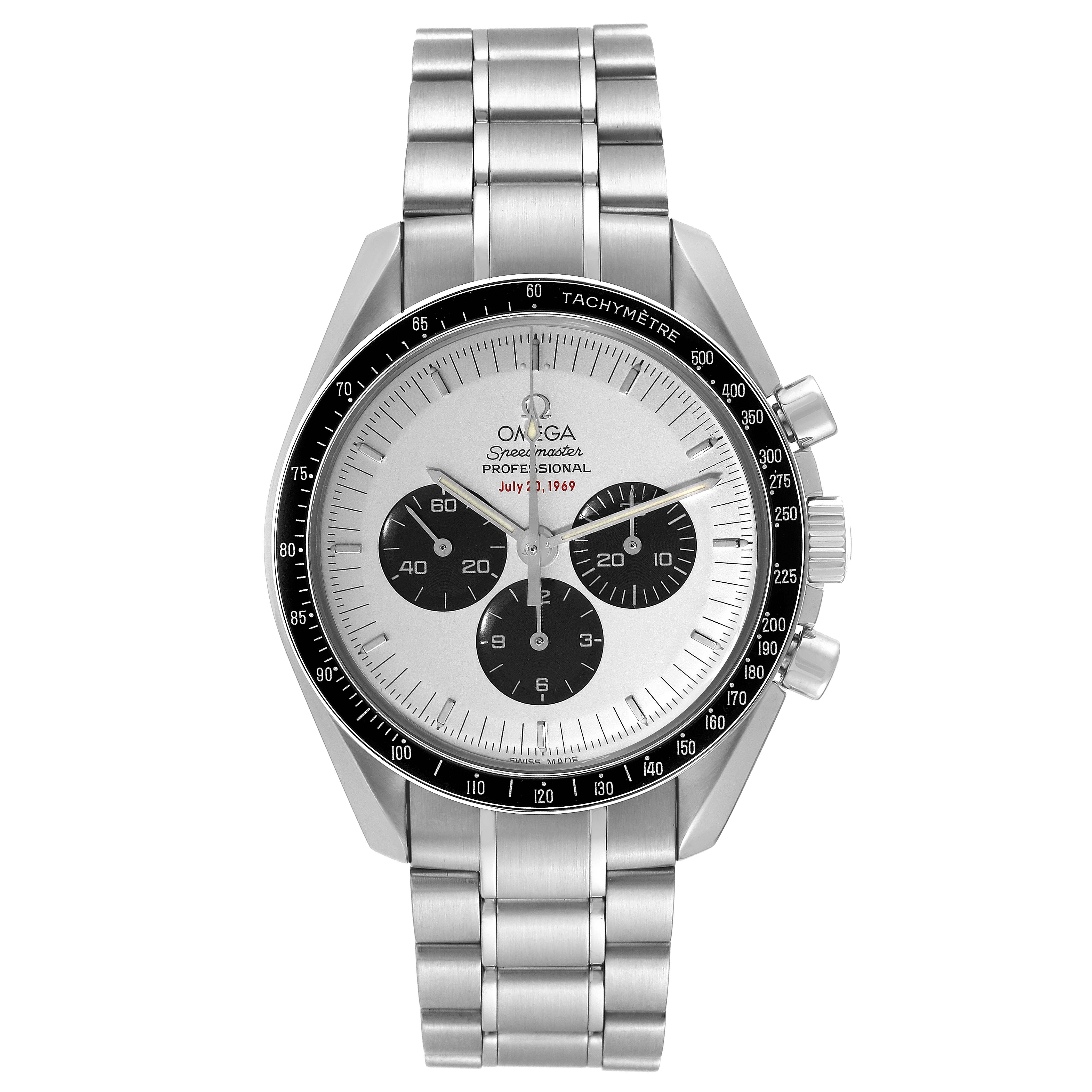 The image shows a front view of the Omega Speedmaster 3569.31.00 Men's Stainless Steel Silver Dial 3569.31.00 Men's Stainless Steel Silver Dial watch, displaying its face, bezel, chronograph dials, and metal bracelet.
