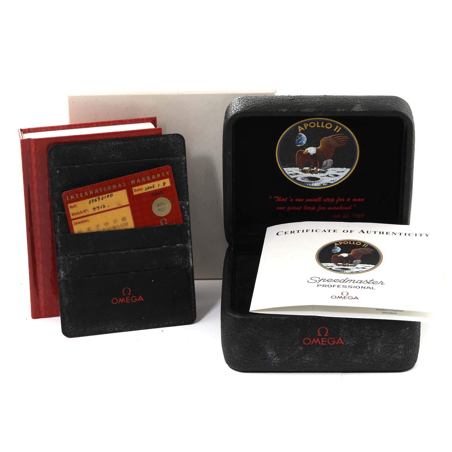 The image shows the packaging, warranty card, certificate, and box for an Omega Speedmaster 3569.31.00 Men's Stainless Steel Silver Dial 3569.31.00 Men's Stainless Steel Silver Dial watch.