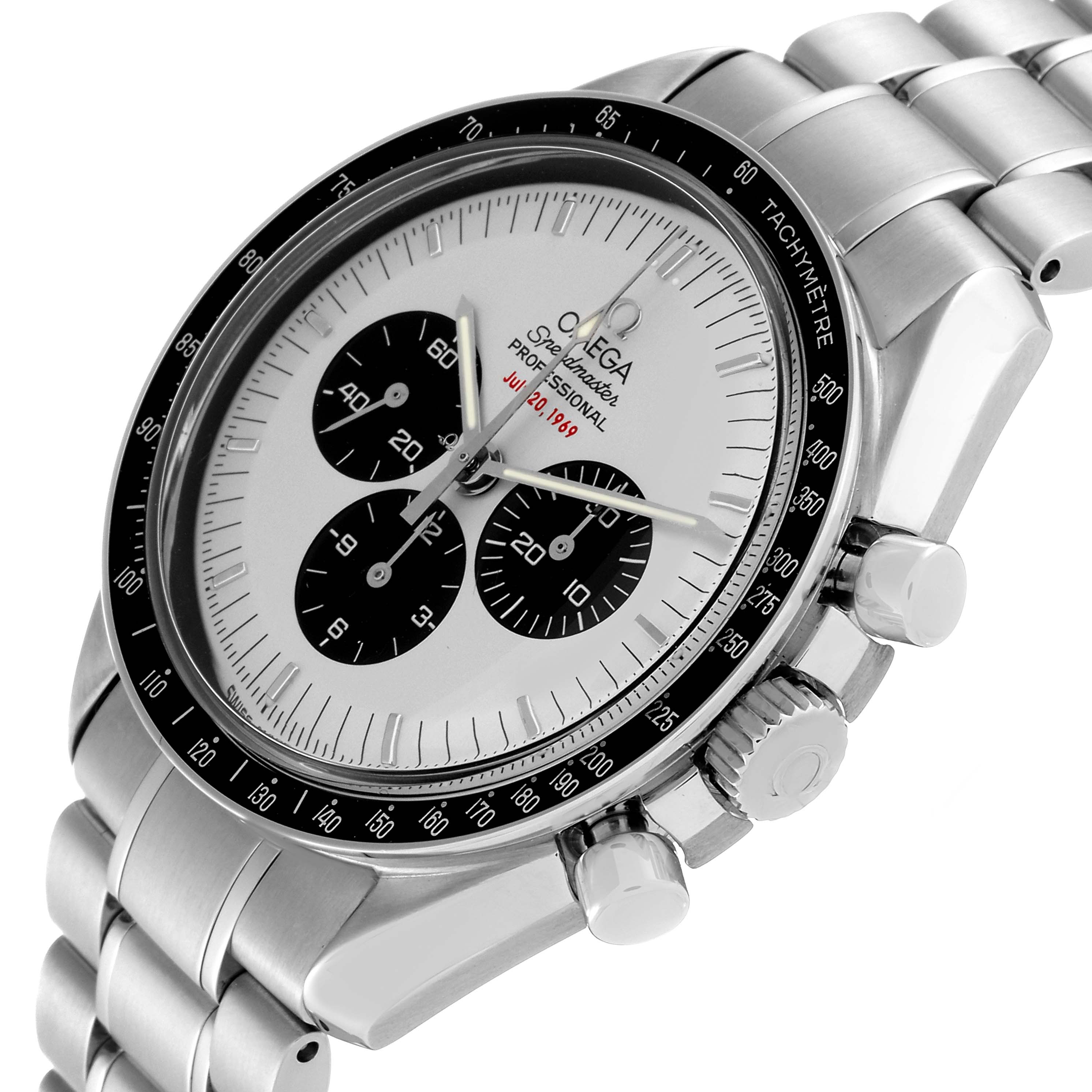 This Omega Speedmaster 3569.31.00 Men's Stainless Steel Silver Dial 3569.31.00 Men's Stainless Steel Silver Dial watch is displayed at a slight angle, showing the dial, bezel, crown, pushers, and stainless steel bracelet.