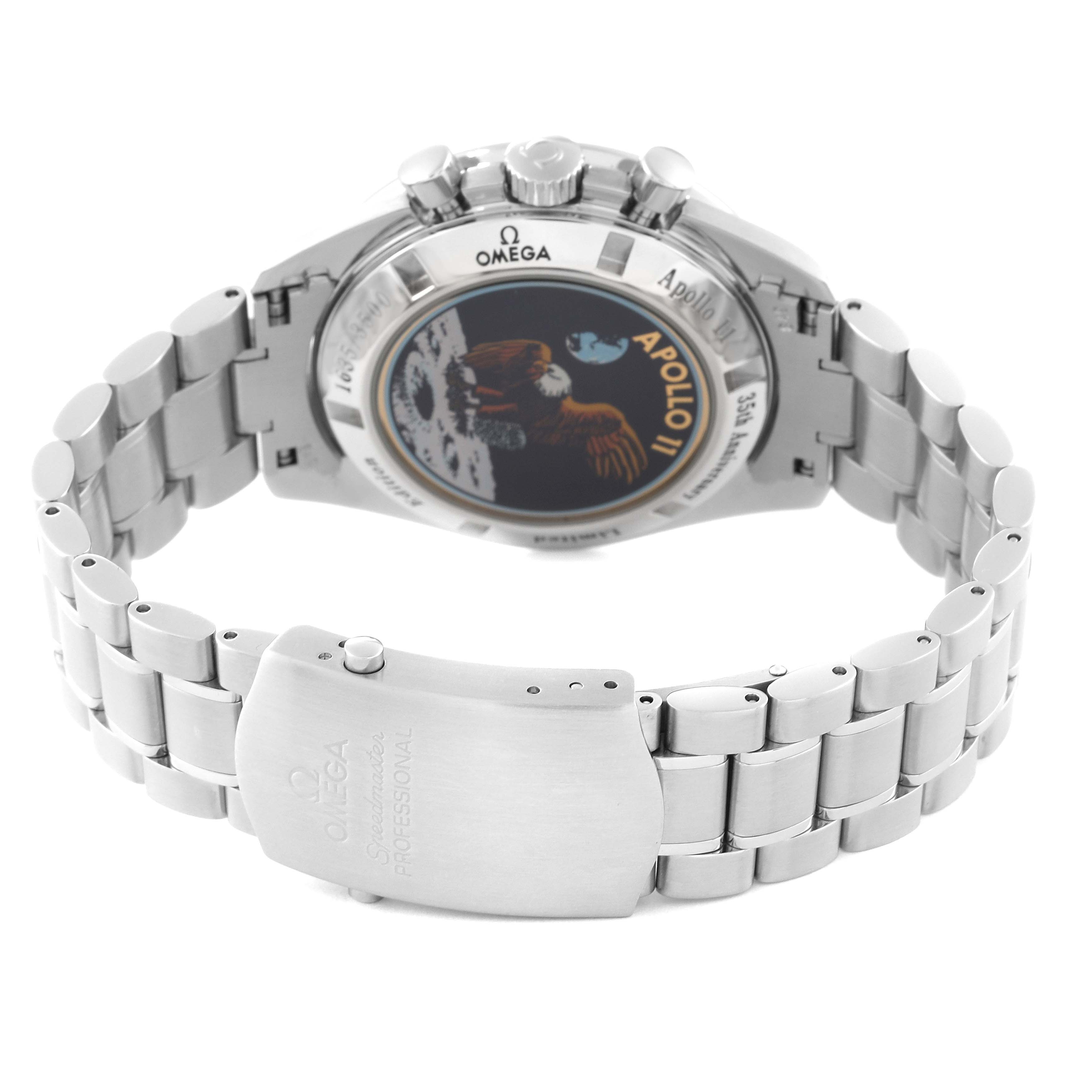 The image shows the back case and bracelet clasp of an Omega Speedmaster 3569.31.00 Men's Stainless Steel Silver Dial 3569.31.00 Men's Stainless Steel Silver Dial watch, highlighting its Apollo 11 logo.