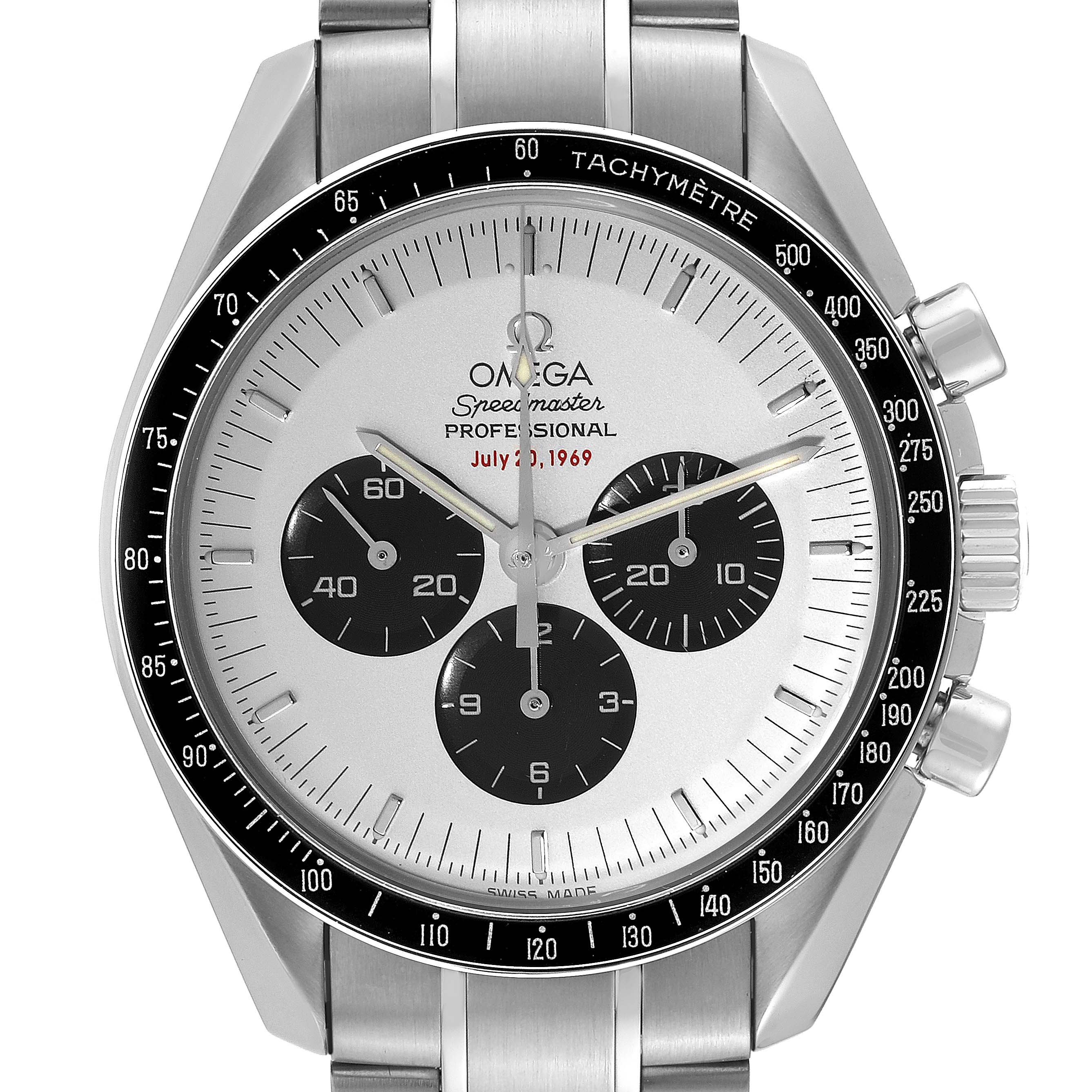 This image shows a front view of the Omega Speedmaster 3569.31.00 Men's Stainless Steel Silver Dial 3569.31.00 Men's Stainless Steel Silver Dial model, displaying the dial, subdials, and tachymeter bezel.