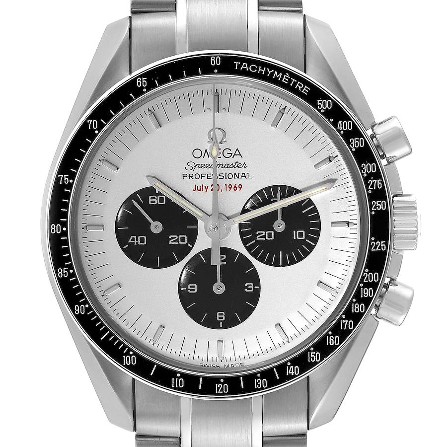 This image shows a front view of the Omega Speedmaster model, displaying the dial, subdials, and tachymeter bezel.