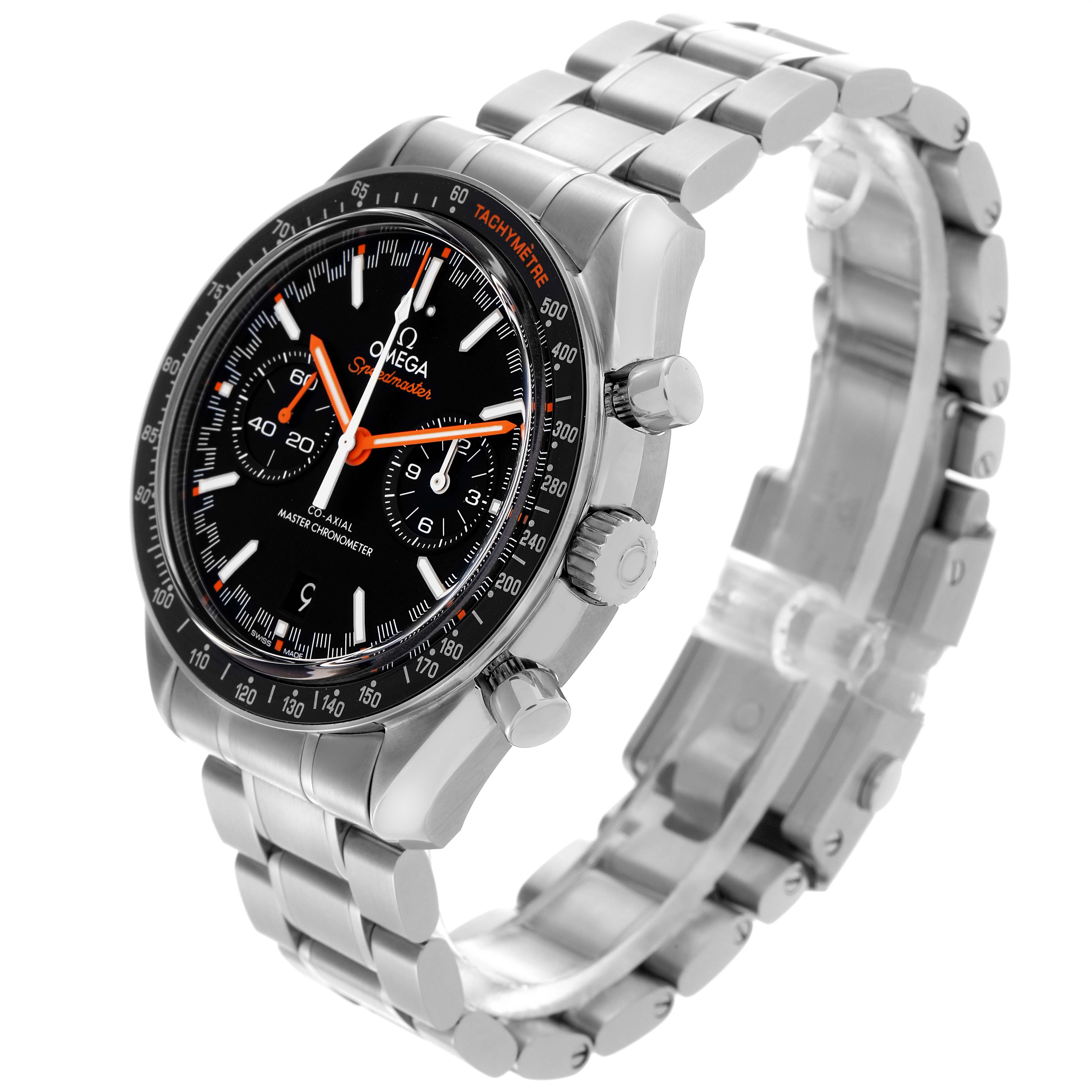 The Omega Speedmaster 329.30.44.51.01.002 Men
s Stainless Steel Black Dial 329.30.44.51.01.002 Men
s Stainless Steel Black Dial watch is shown at a three-quarter angle, highlighting its face, bezel, crown, and stainless steel bracelet.