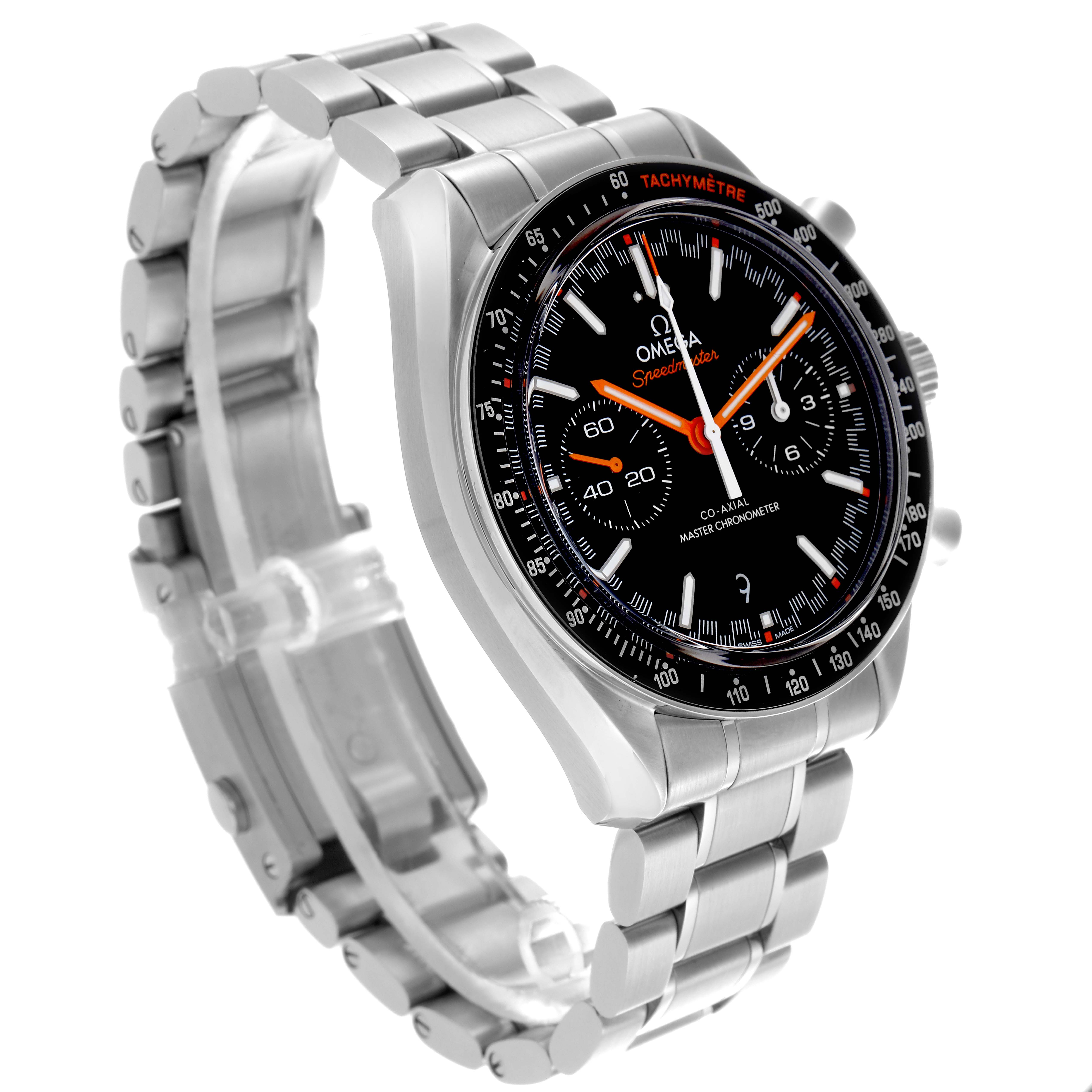 The image shows an Omega Speedmaster 329.30.44.51.01.002 Men
s Stainless Steel Black Dial 329.30.44.51.01.002 Men
s Stainless Steel Black Dial watch angled from the side, highlighting the face, case, and bracelet.
