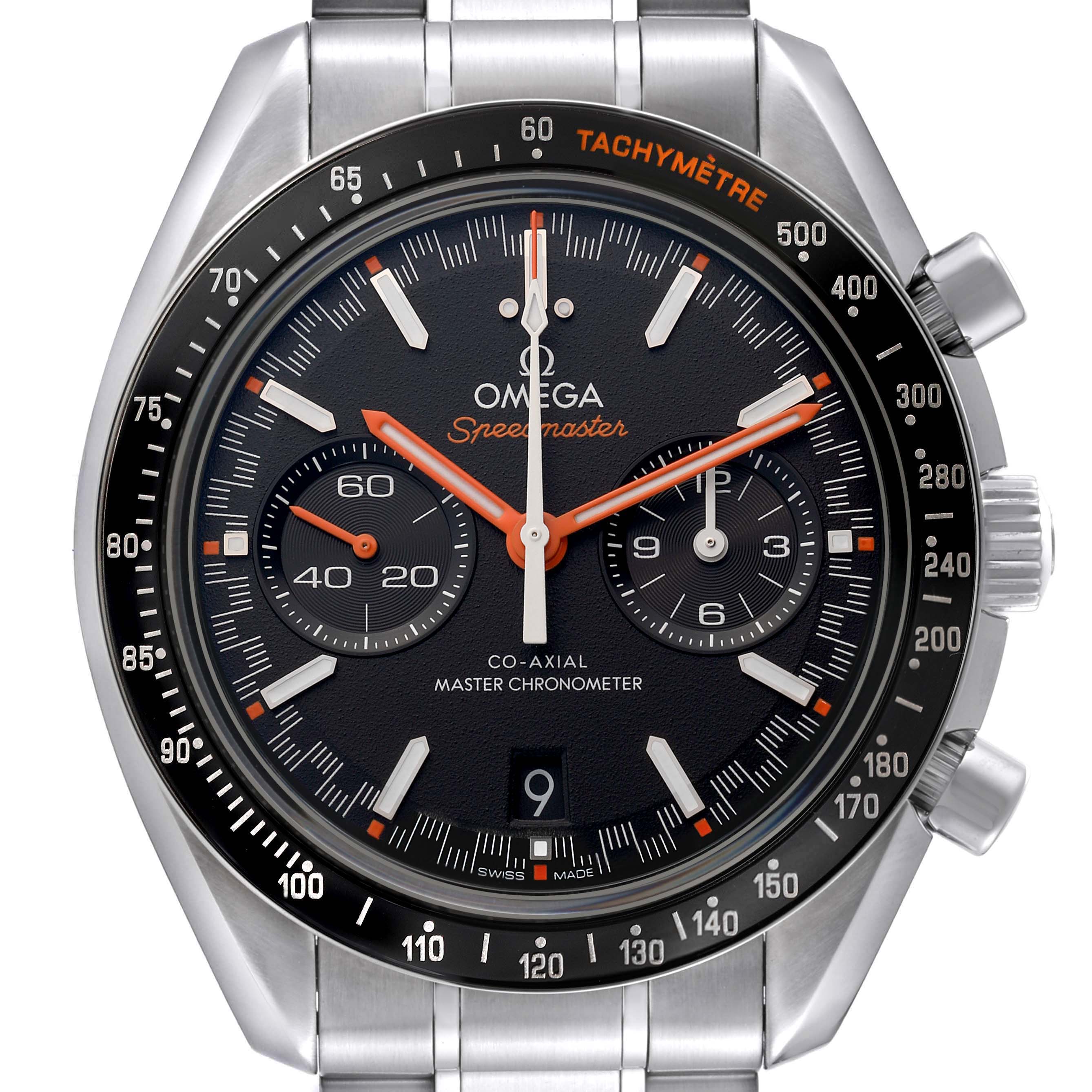 The image shows a frontal view of an Omega Speedmaster 329.30.44.51.01.002 Men
s Stainless Steel Black Dial 329.30.44.51.01.002 Men
s Stainless Steel Black Dial watch, featuring its dial, bezel, and part of the bracelet.