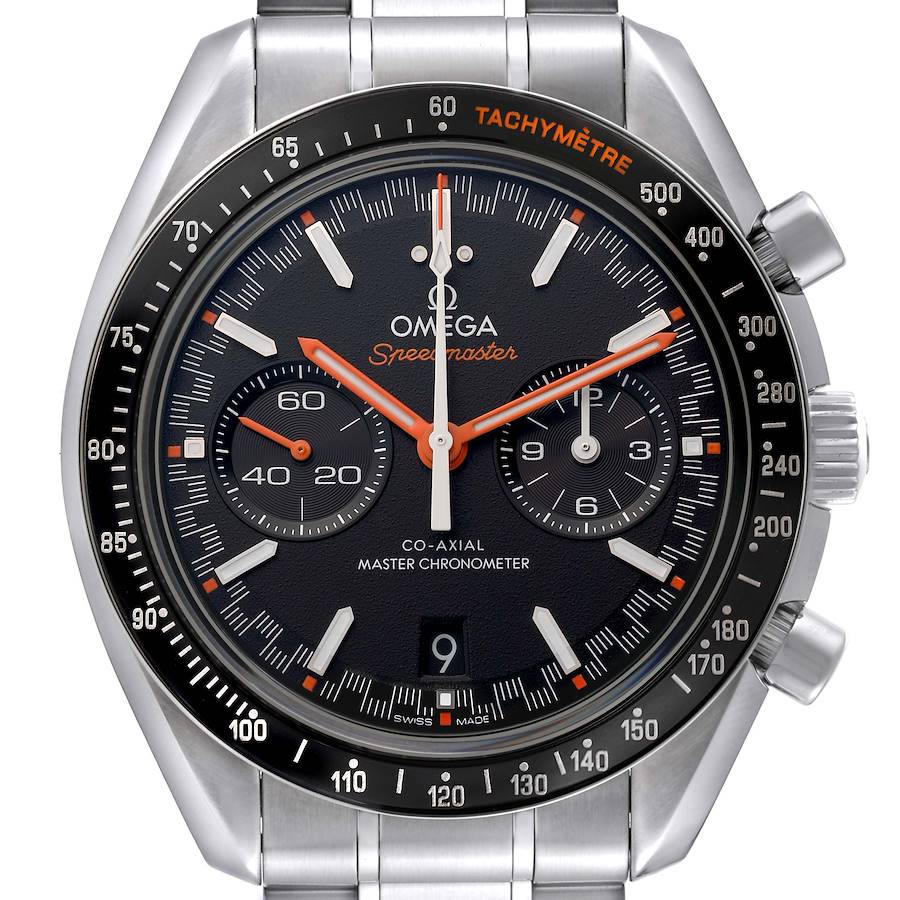 The image shows a frontal view of an Omega Speedmaster watch, featuring its dial, bezel, and part of the bracelet.