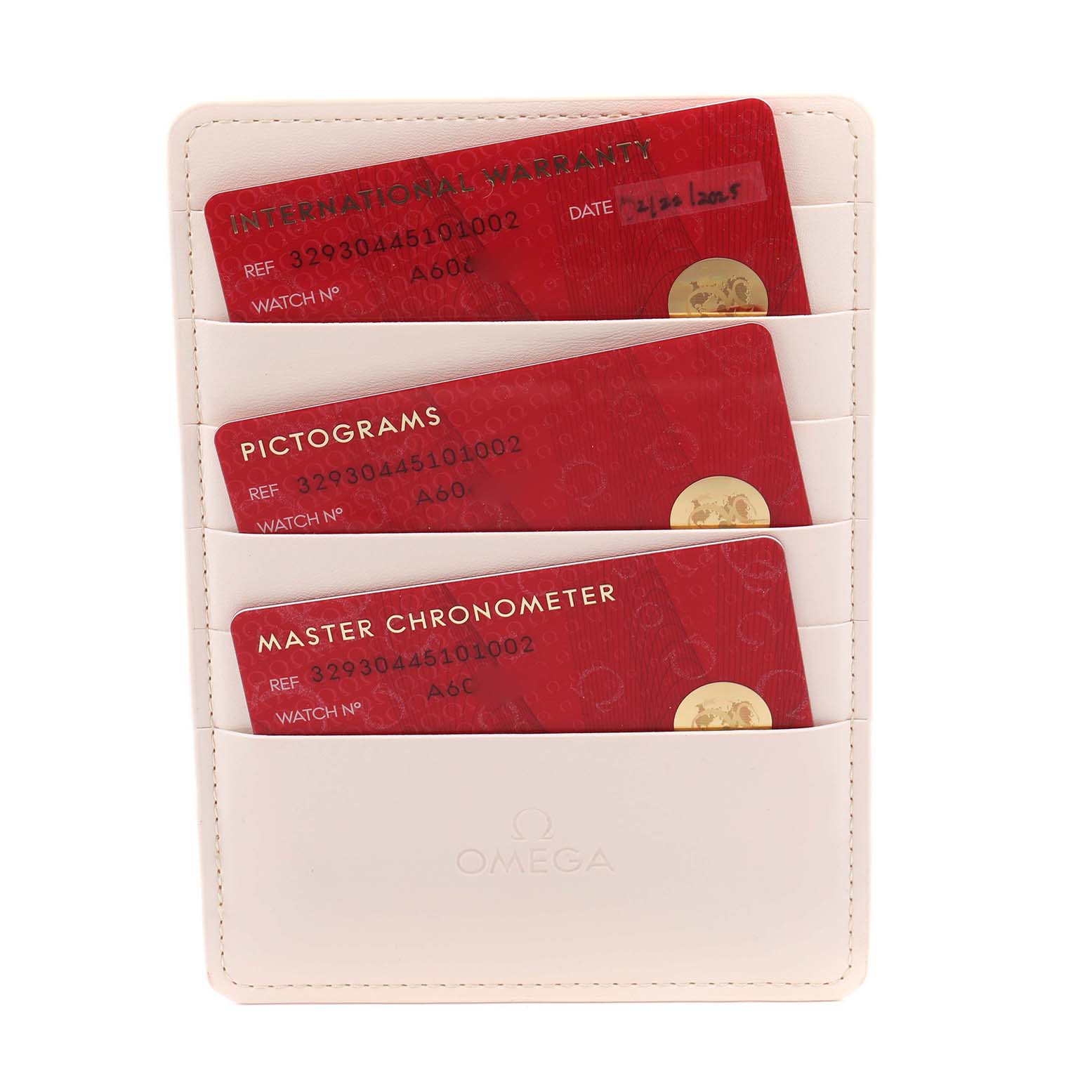 The image shows warranty and certification cards for the Omega Speedmaster 329.30.44.51.01.002 Men
s Stainless Steel Black Dial 329.30.44.51.01.002 Men
s Stainless Steel Black Dial, organized in a white cardholder.