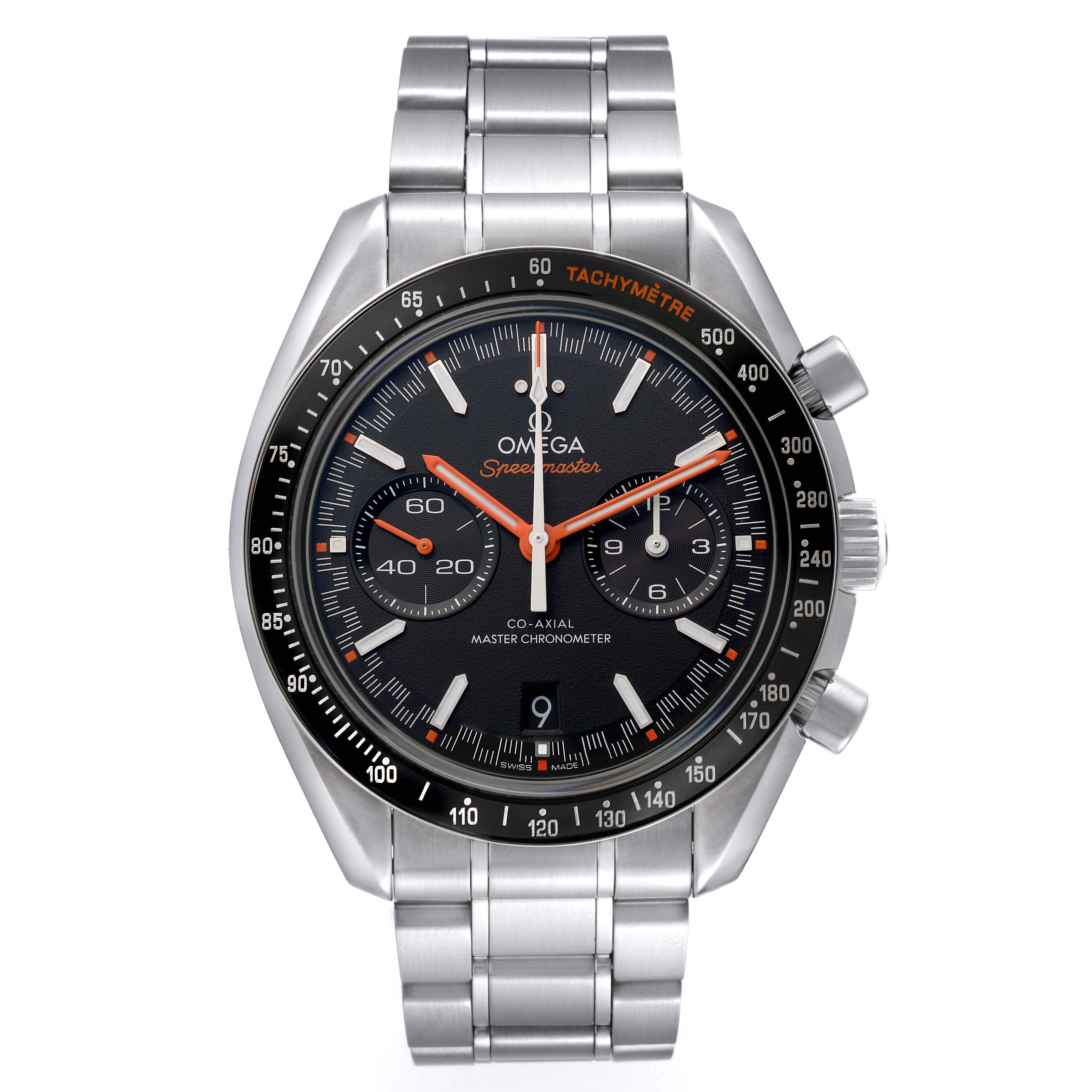 The Omega Speedmaster 329.30.44.51.01.002 Men
s Stainless Steel Black Dial 329.30.44.51.01.002 Men
s Stainless Steel Black Dial is shown from the front, highlighting its dial, tachymetre bezel, subdials, and bracelet.