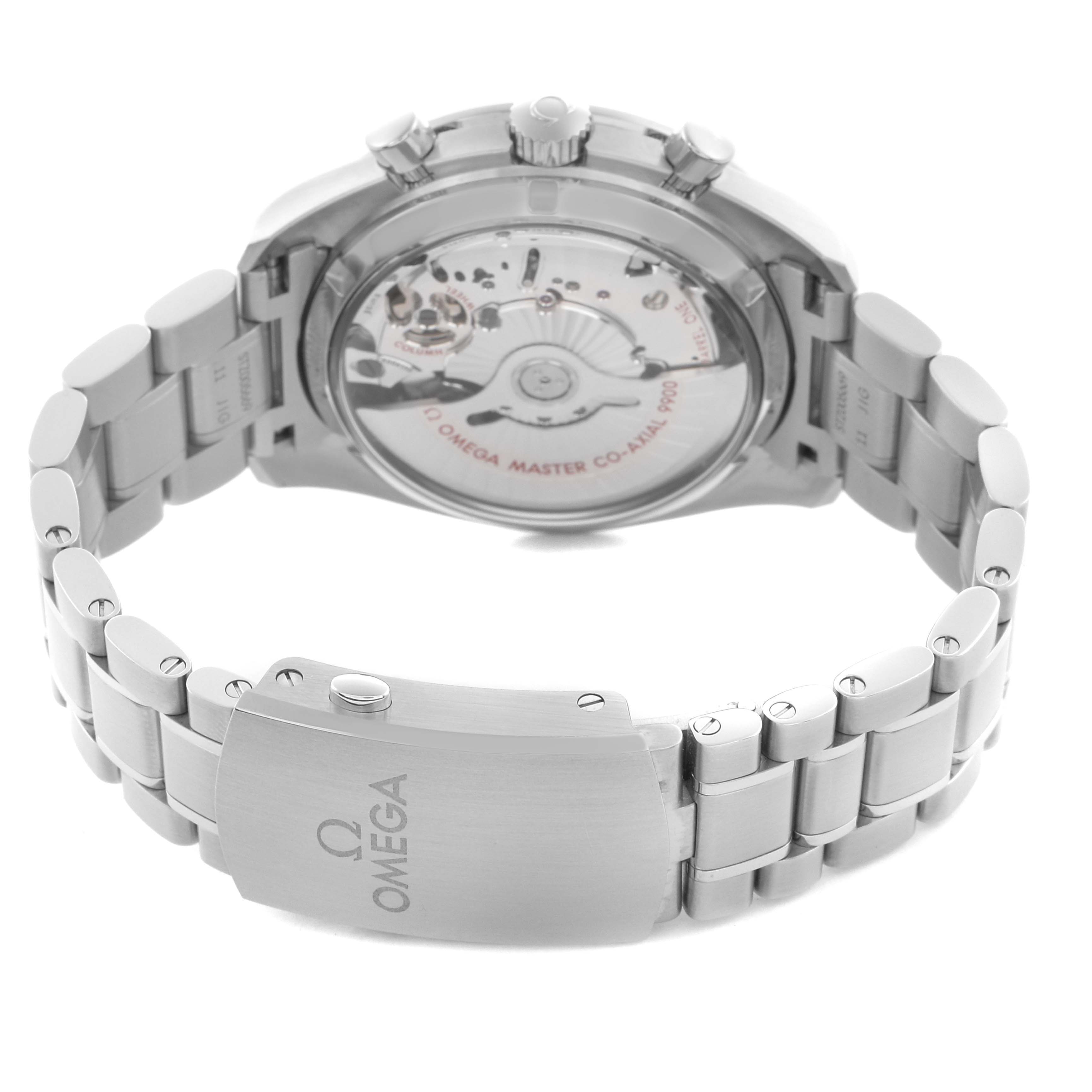 The Omega Speedmaster 329.30.44.51.01.002 Men
s Stainless Steel Black Dial 329.30.44.51.01.002 Men
s Stainless Steel Black Dial watch is shown from a rear angle, highlighting the transparent case back and metal bracelet.