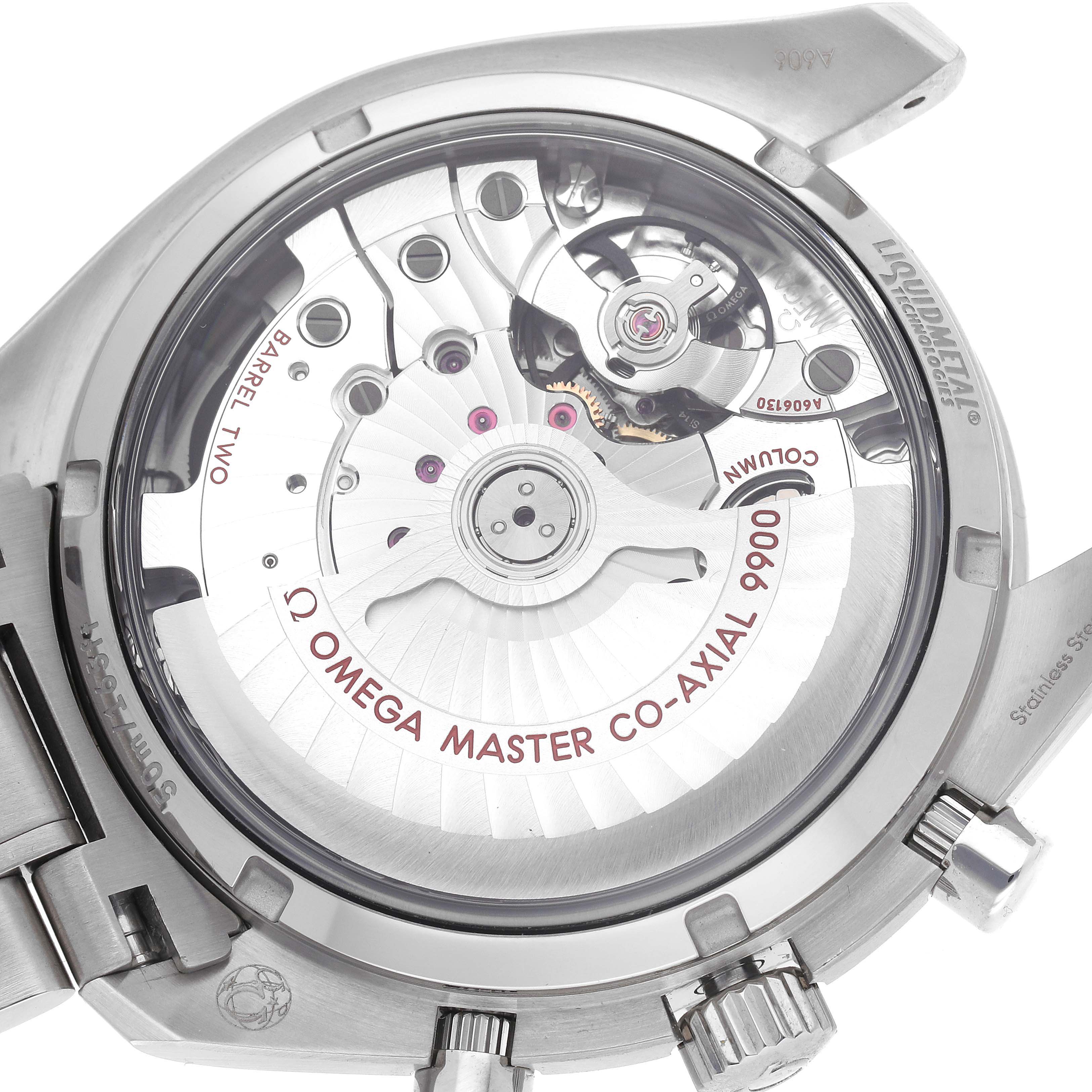 The image shows the back view of the Omega Speedmaster 329.30.44.51.01.002 Men
s Stainless Steel Black Dial 329.30.44.51.01.002 Men
s Stainless Steel Black Dial, highlighting the movement and co-axial mechanism.