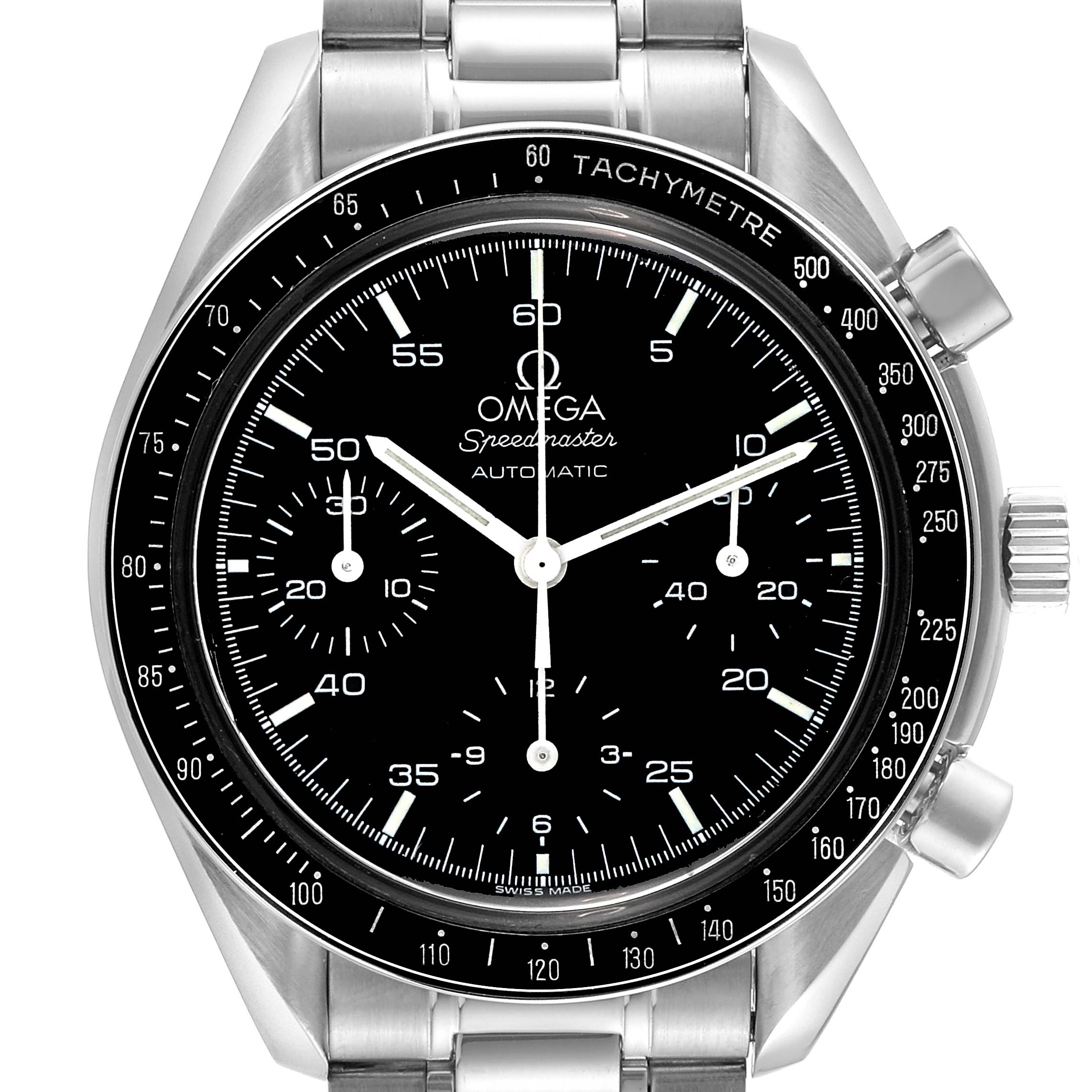 The image shows a front view of an Omega Speedmaster 3510.50.00 Men
s Stainless Steel Black Dial 3510.50.00 Men
s Stainless Steel Black Dial watch, highlighting its black dial, chronograph sub-dials, and tachymeter bezel.