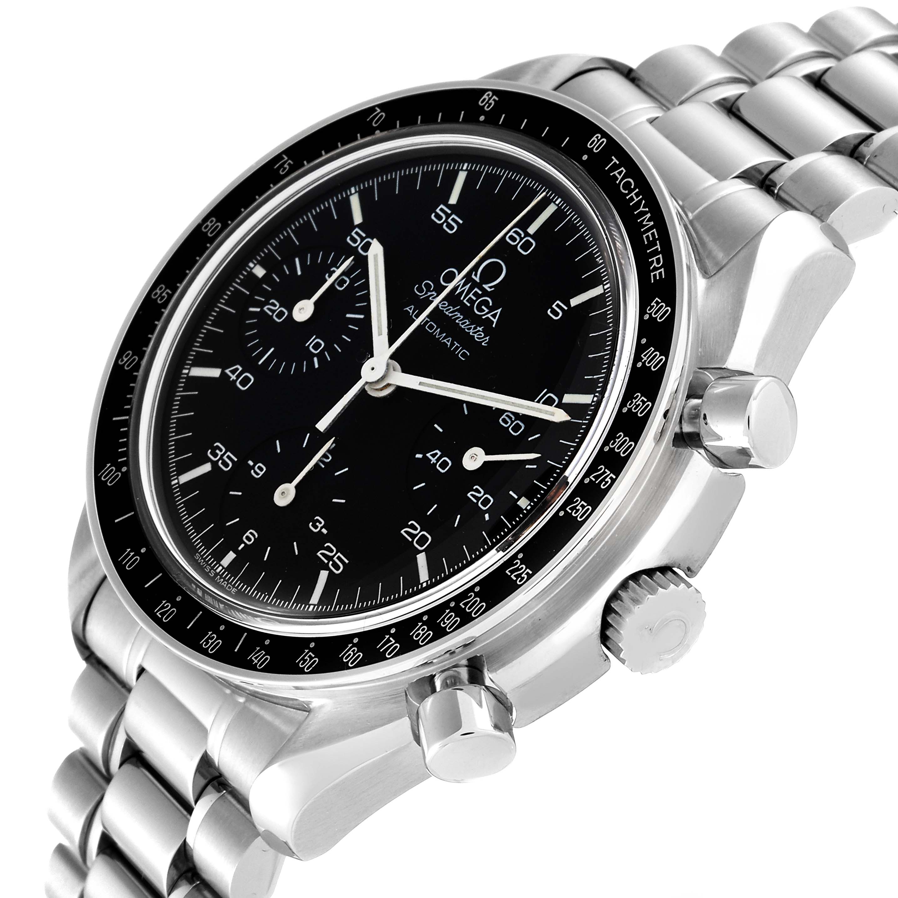 The image shows an Omega Speedmaster 3510.50.00 Men
s Stainless Steel Black Dial 3510.50.00 Men
s Stainless Steel Black Dial watch from an angled perspective, highlighting the dial, bezel, pushers, and bracelet.