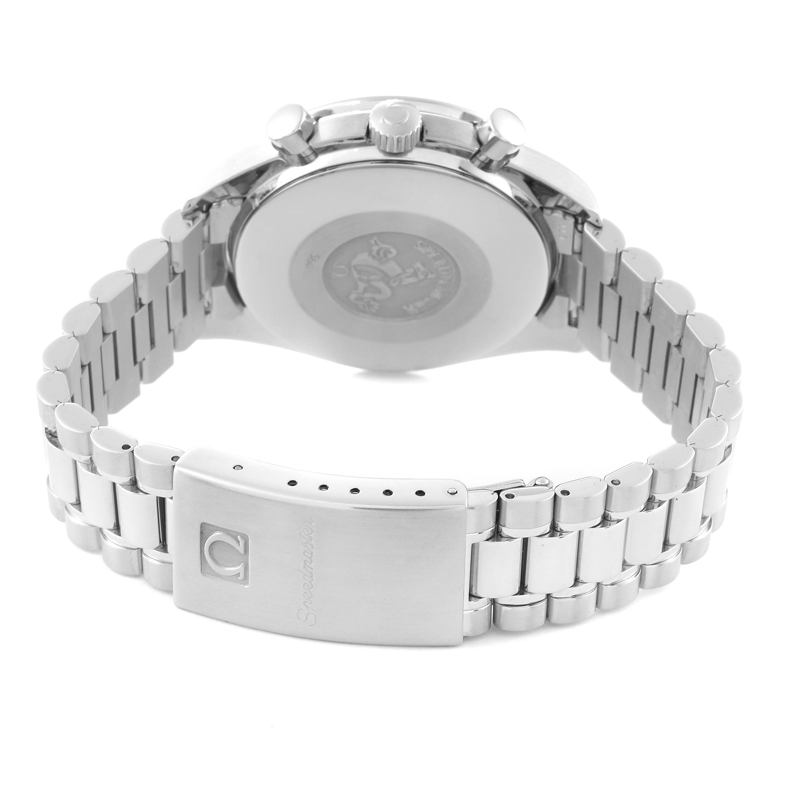 The image shows the back of an Omega Speedmaster 3510.50.00 Men
s Stainless Steel Black Dial 3510.50.00 Men
s Stainless Steel Black Dial watch, focusing on its stainless steel bracelet and clasp.