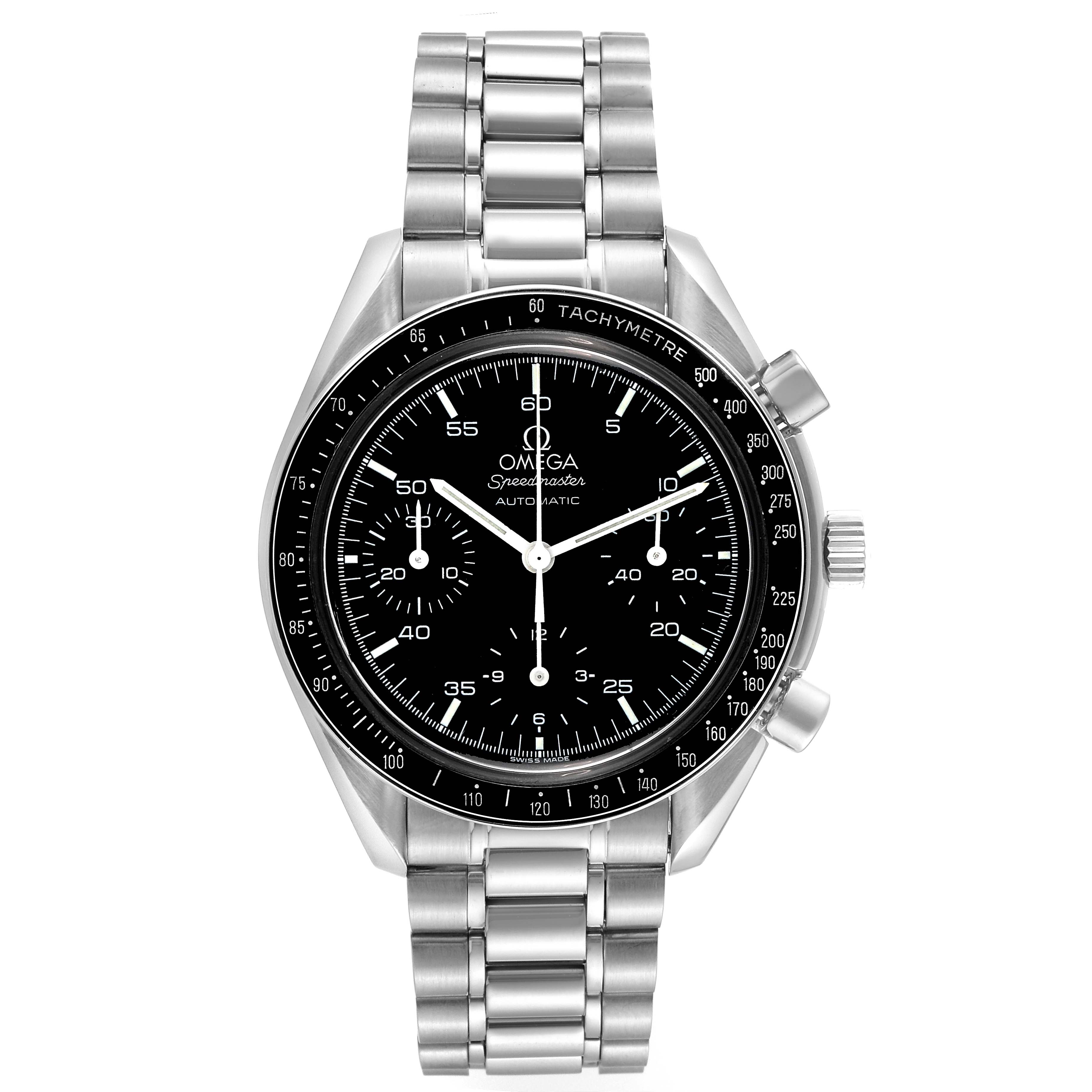 The image shows a front-facing view of an Omega Speedmaster 3510.50.00 Men
s Stainless Steel Black Dial 3510.50.00 Men
s Stainless Steel Black Dial watch, highlighting its dial, bezel, and metal bracelet.