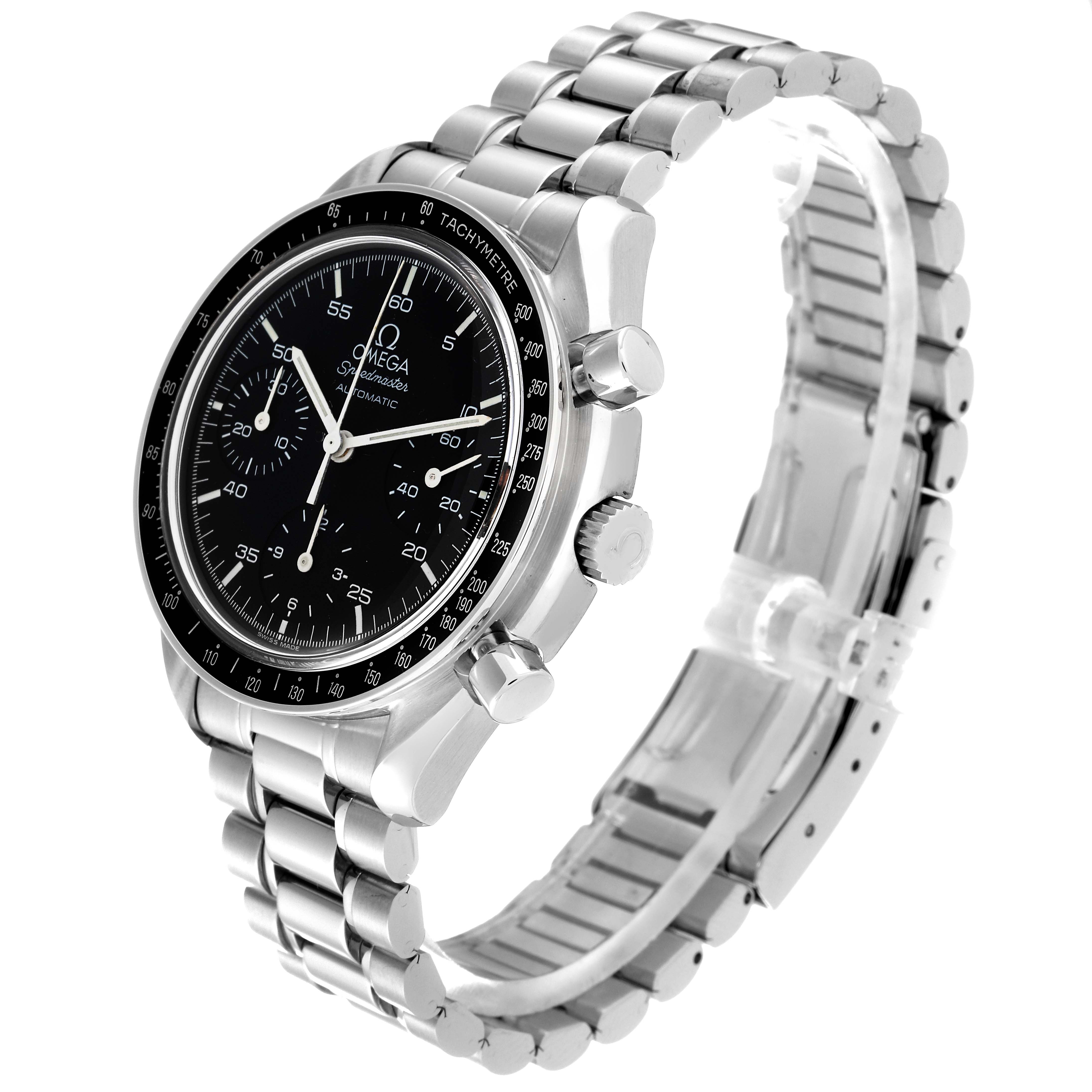 The Omega Speedmaster 3510.50.00 Men
s Stainless Steel Black Dial 3510.50.00 Men
s Stainless Steel Black Dial watch is shown from a three-quarter angle, highlighting its face, bezel, bracelet, and side buttons.