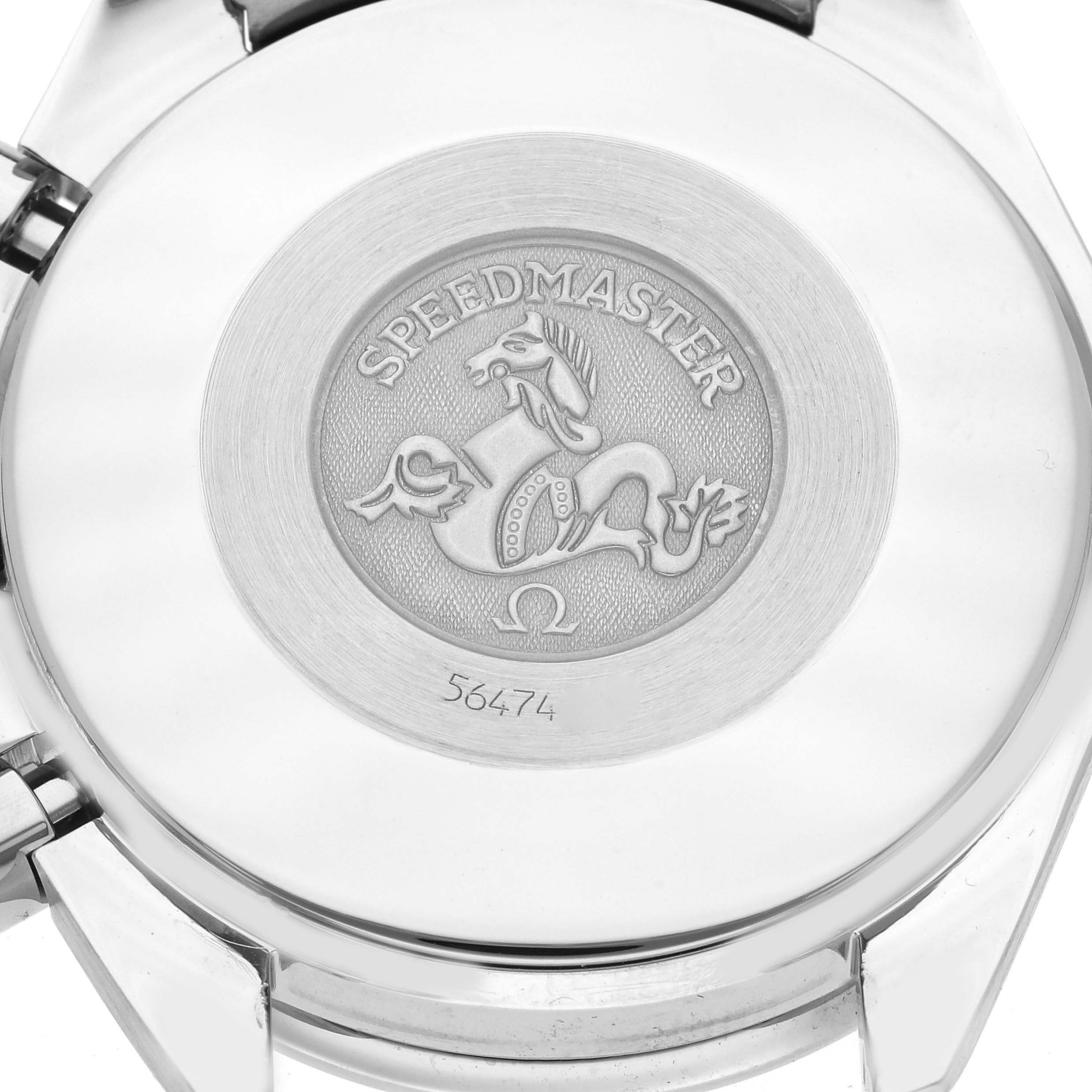 The image shows the back casing of an Omega Speedmaster 3510.50.00 Men
s Stainless Steel Black Dial 3510.50.00 Men
s Stainless Steel Black Dial watch, highlighting the brand logo and model engraving.