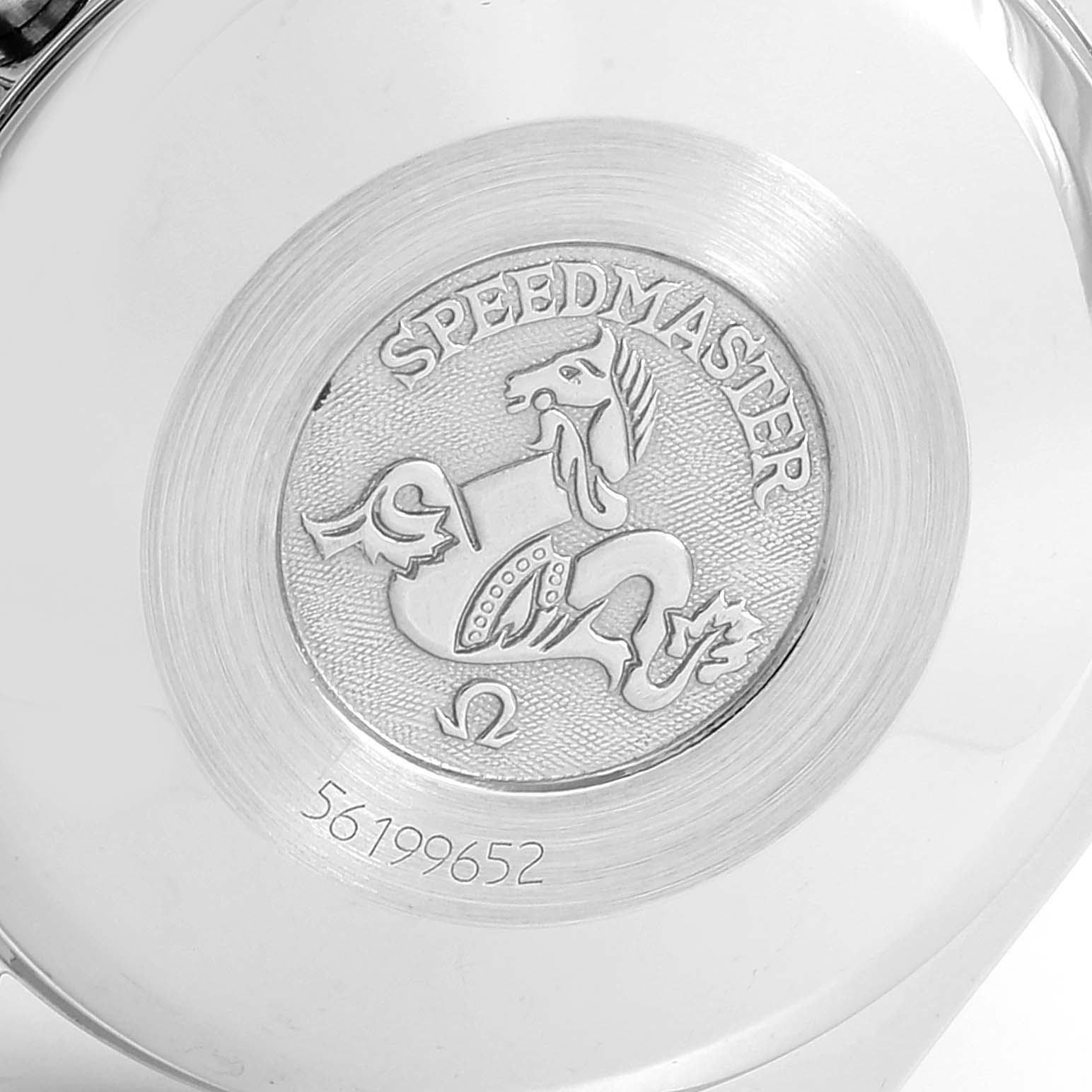 The image shows the case back of an Omega Speedmaster 3313.33.00 Men's Steel and Gold (two tone) White Dial 3313.33.00 Men's Steel and Gold (two tone) White Dial watch, featuring the model's emblem and a serial number.