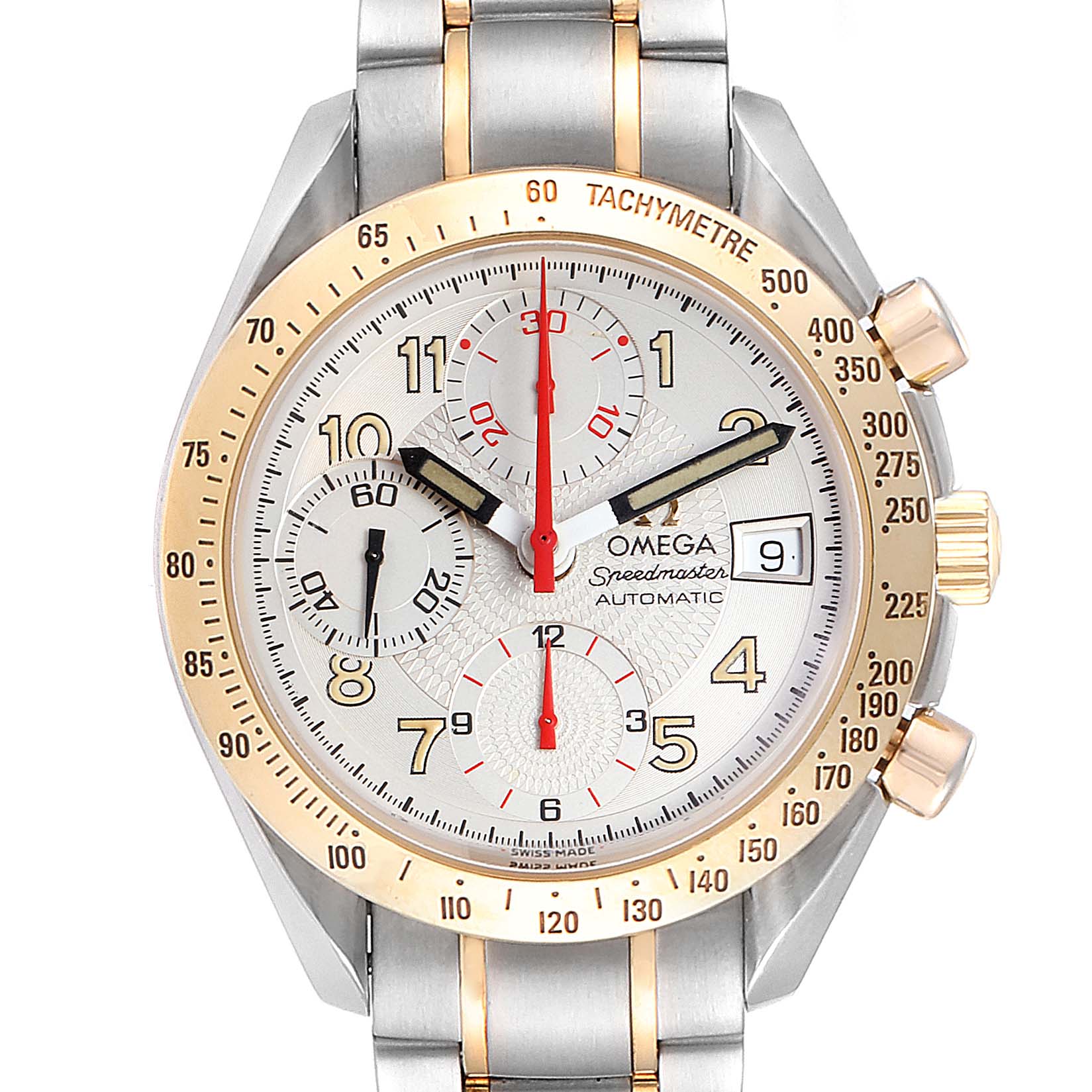 This image shows a frontal view of an Omega Speedmaster 3313.33.00 Men's Steel and Gold (two tone) White Dial 3313.33.00 Men's Steel and Gold (two tone) White Dial watch, displaying its face, tachymeter bezel, and chronograph sub-dials.