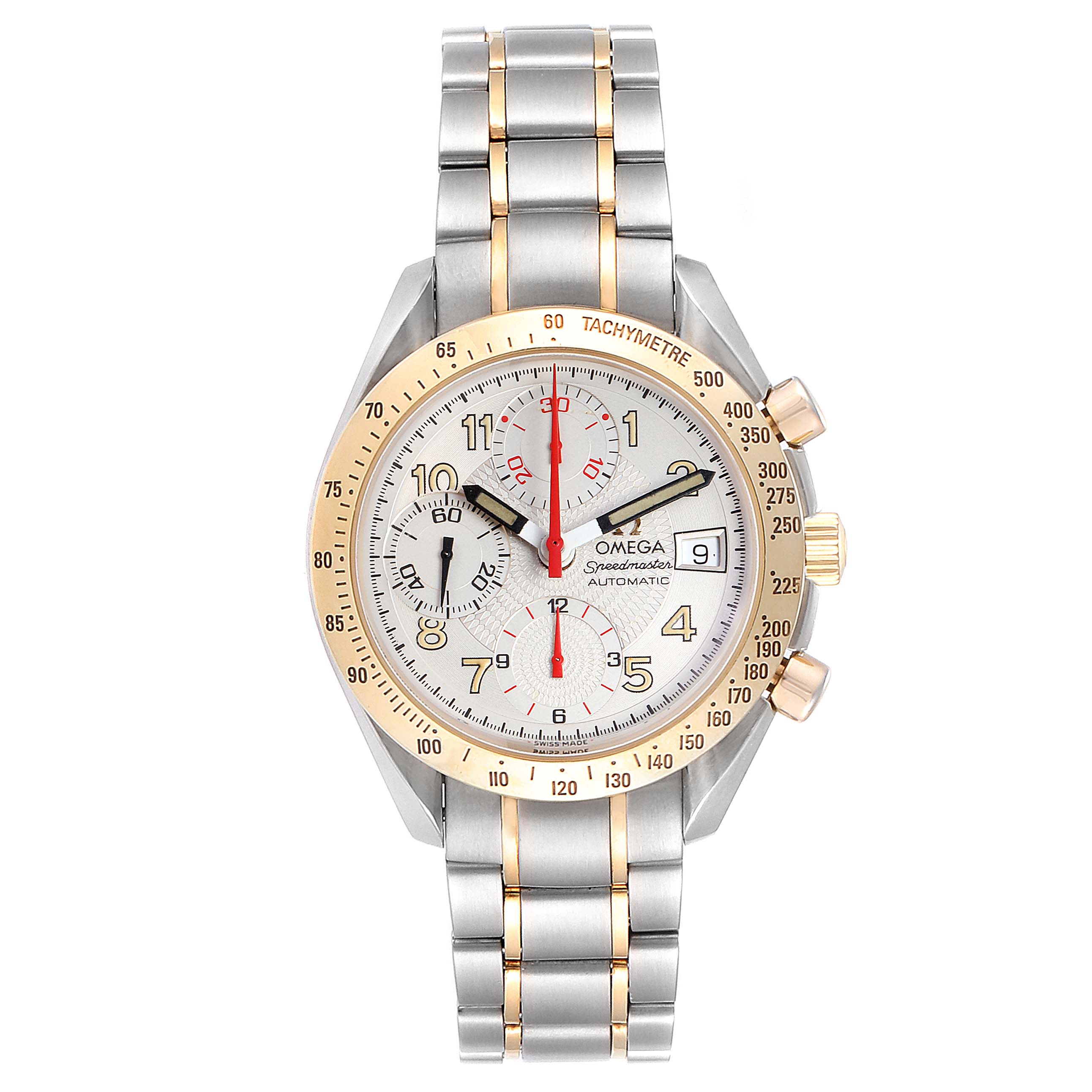 The image shows a front view of an Omega Speedmaster 3313.33.00 Men's Steel and Gold (two tone) White Dial 3313.33.00 Men's Steel and Gold (two tone) White Dial watch, including its face, bezel, and bracelet.