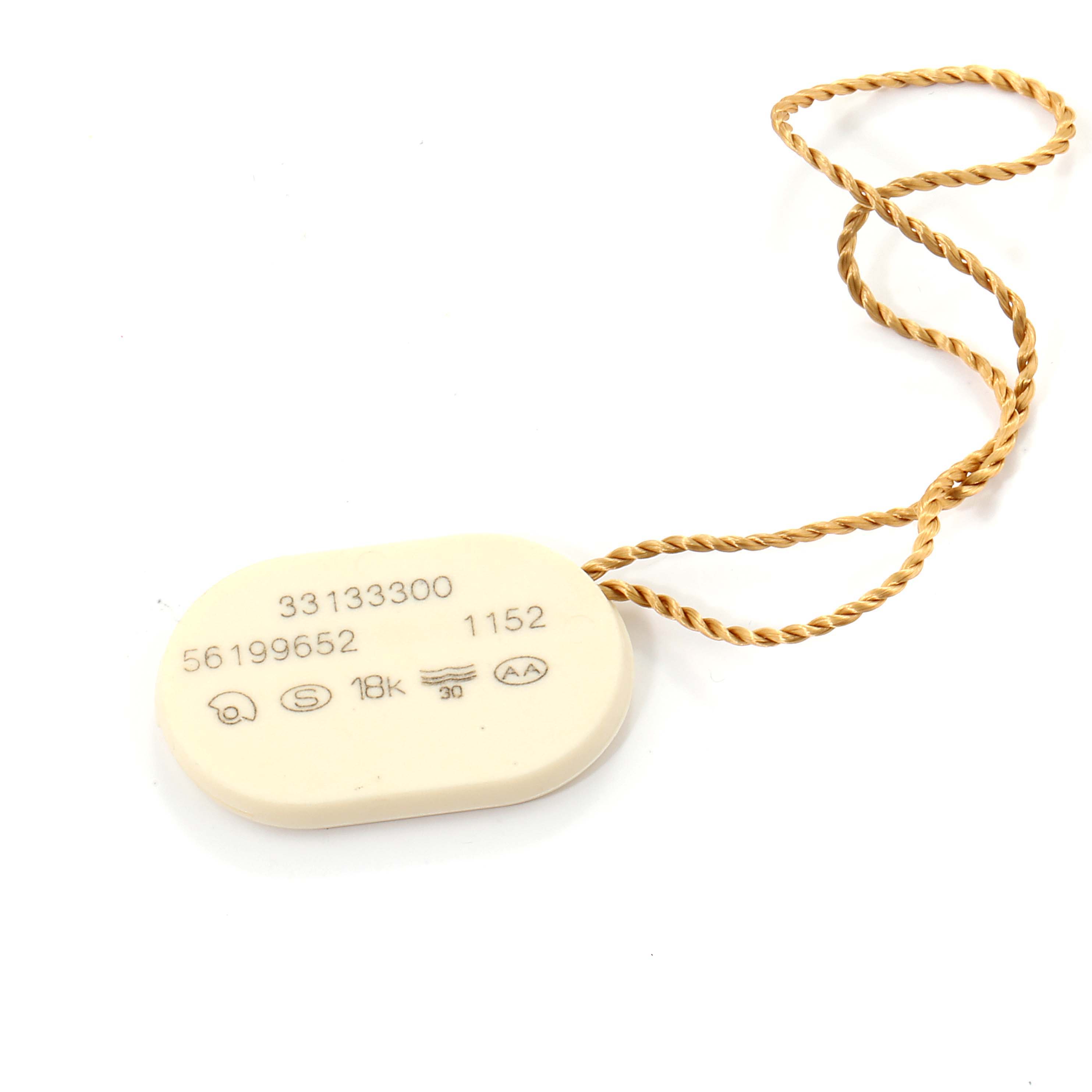 This image shows a tag with numbers and symbols, likely related to an Omega Speedmaster 3313.33.00 Men's Steel and Gold (two tone) White Dial 3313.33.00 Men's Steel and Gold (two tone) White Dial watch, alongside a twisted gold string.