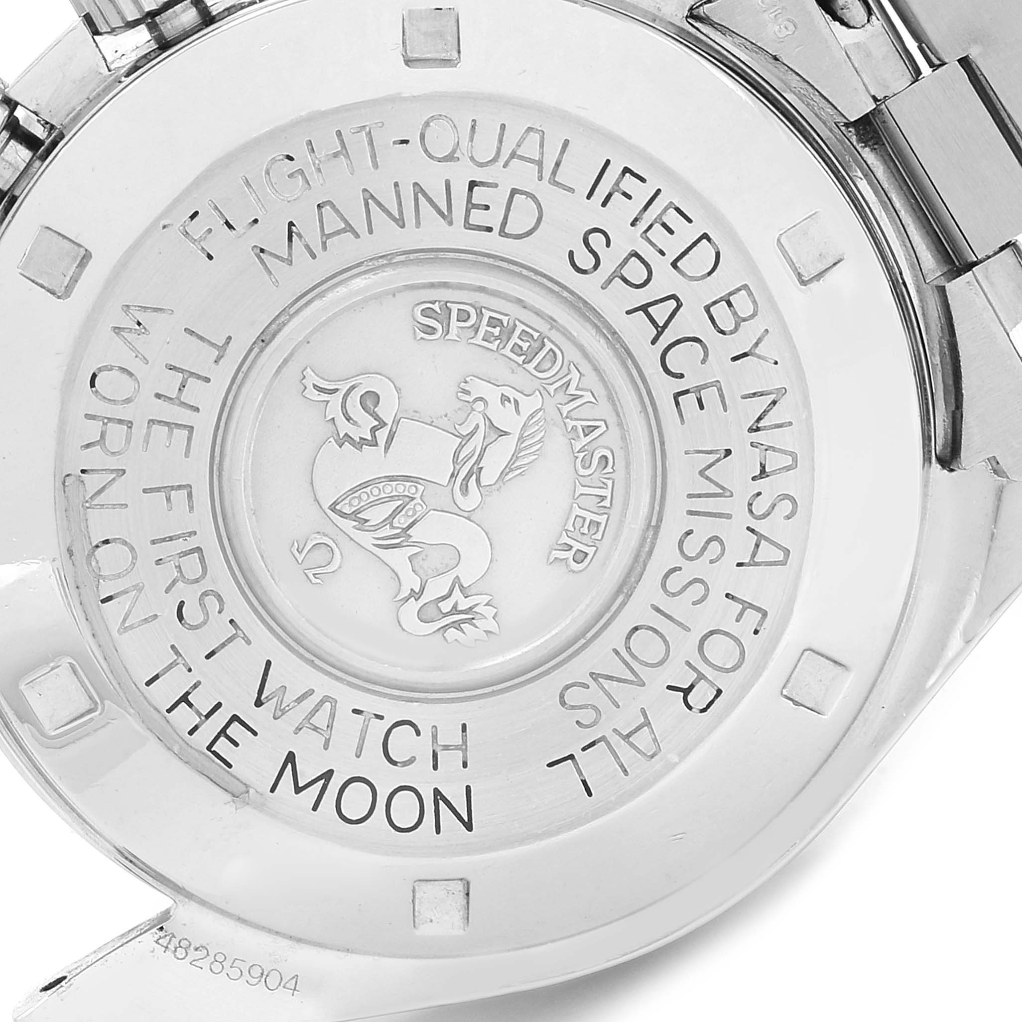 The image shows the case back of an Omega Speedmaster 145.022 Men's Stainless Steel Black Dial 145.022 Men's Stainless Steel Black Dial watch with engraved text and a central medallion.