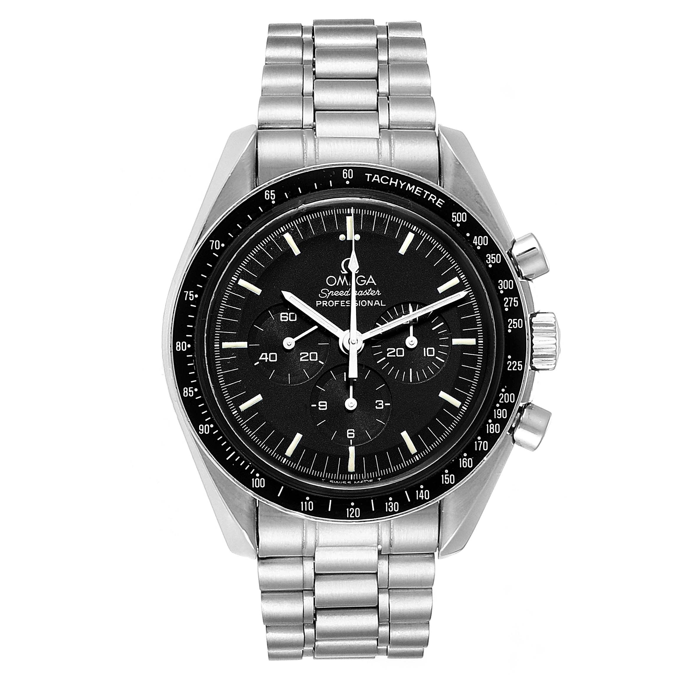 The Omega Speedmaster 145.022 Men's Stainless Steel Black Dial 145.022 Men's Stainless Steel Black Dial watch is shown from a straight-on angle, displaying its black dial, tachymeter bezel, and metal bracelet.