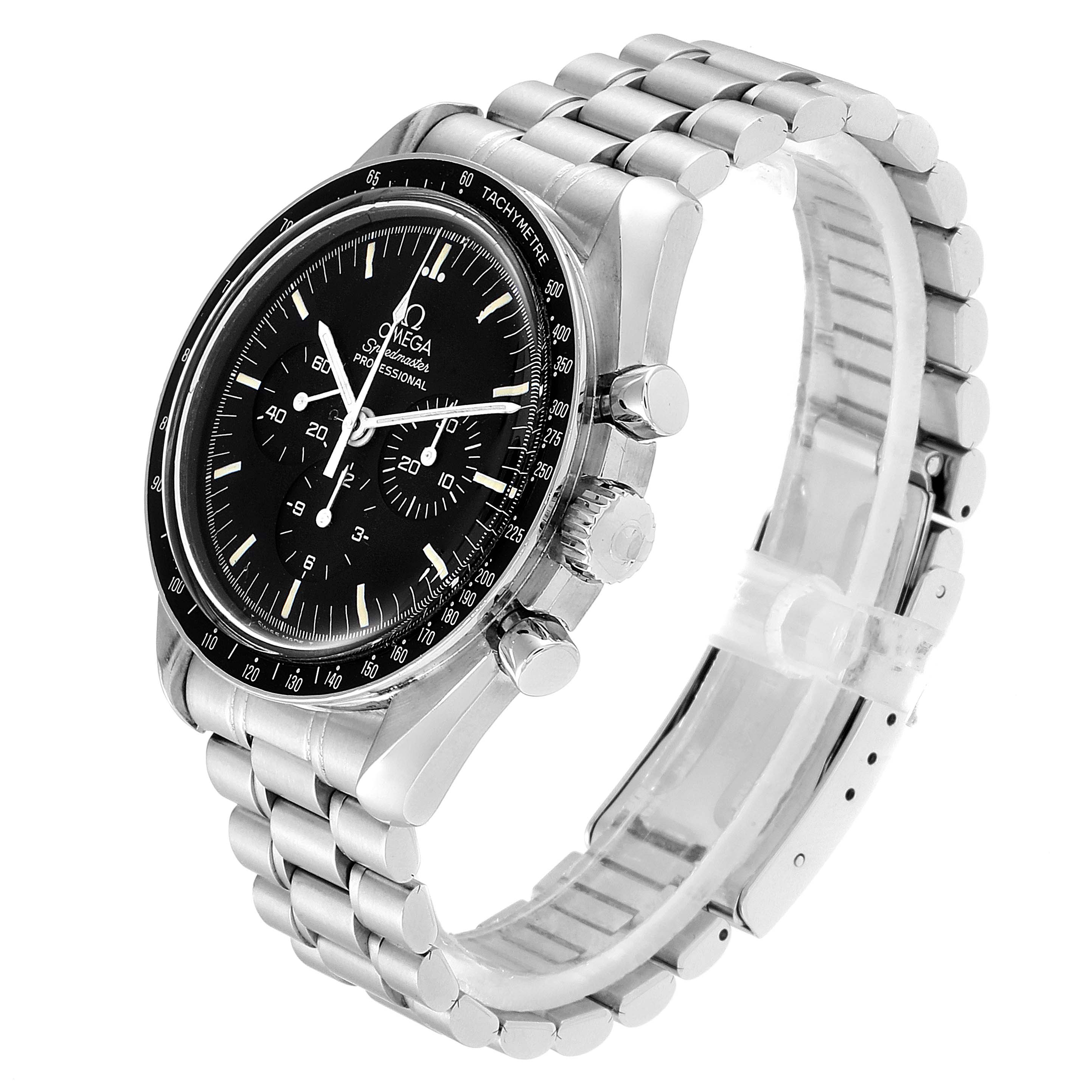 The Omega Speedmaster 145.022 Men's Stainless Steel Black Dial 145.022 Men's Stainless Steel Black Dial watch is shown at a three-quarter angle, displaying the face, bezel, crown, pushers, and stainless steel bracelet.
