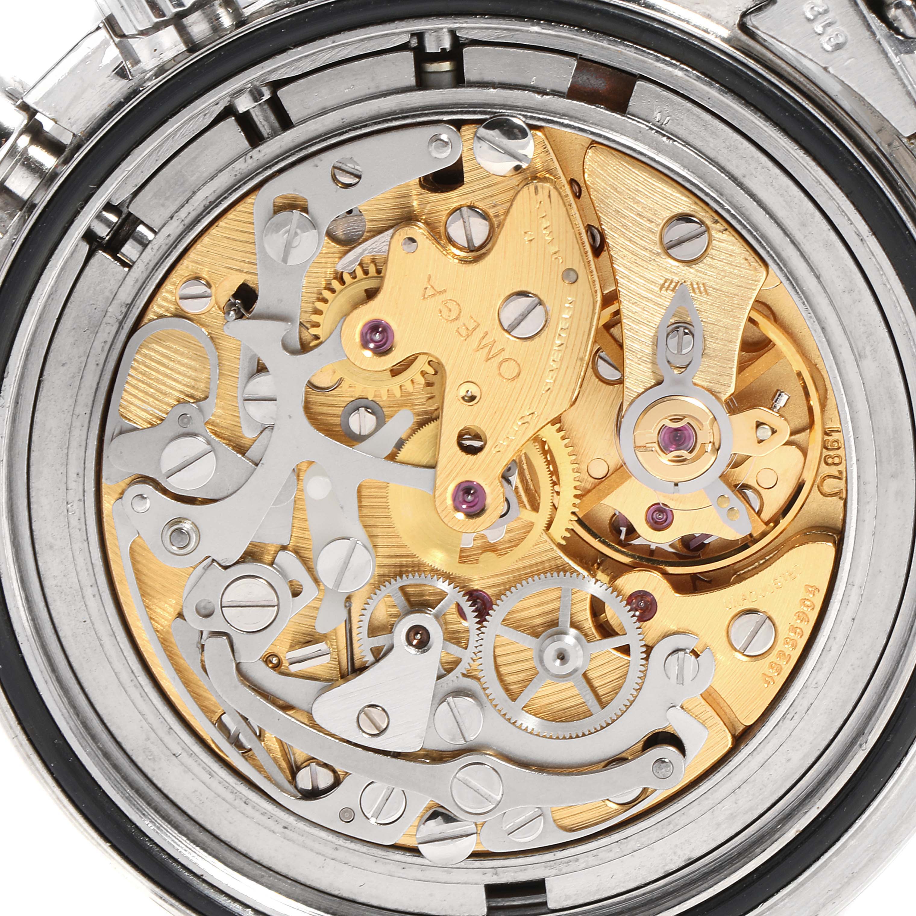 This image shows the intricate inner mechanics and movement components of an Omega Speedmaster 145.022 Men's Stainless Steel Black Dial 145.022 Men's Stainless Steel Black Dial watch from a back view angle.