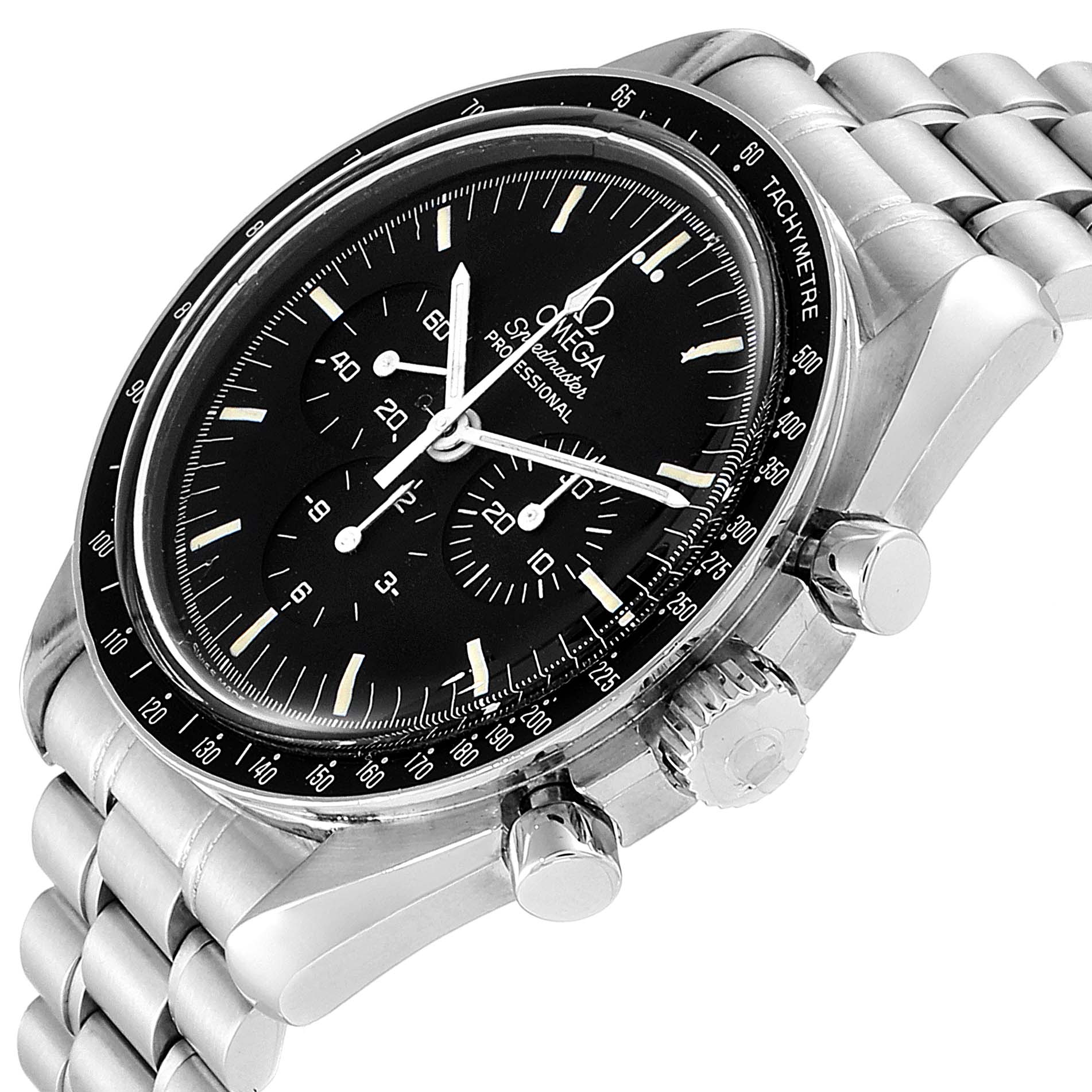 The Omega Speedmaster 145.022 Men's Stainless Steel Black Dial 145.022 Men's Stainless Steel Black Dial watch is shown at a front angle highlighting the dial, bezel, pushers, crown, and bracelet.