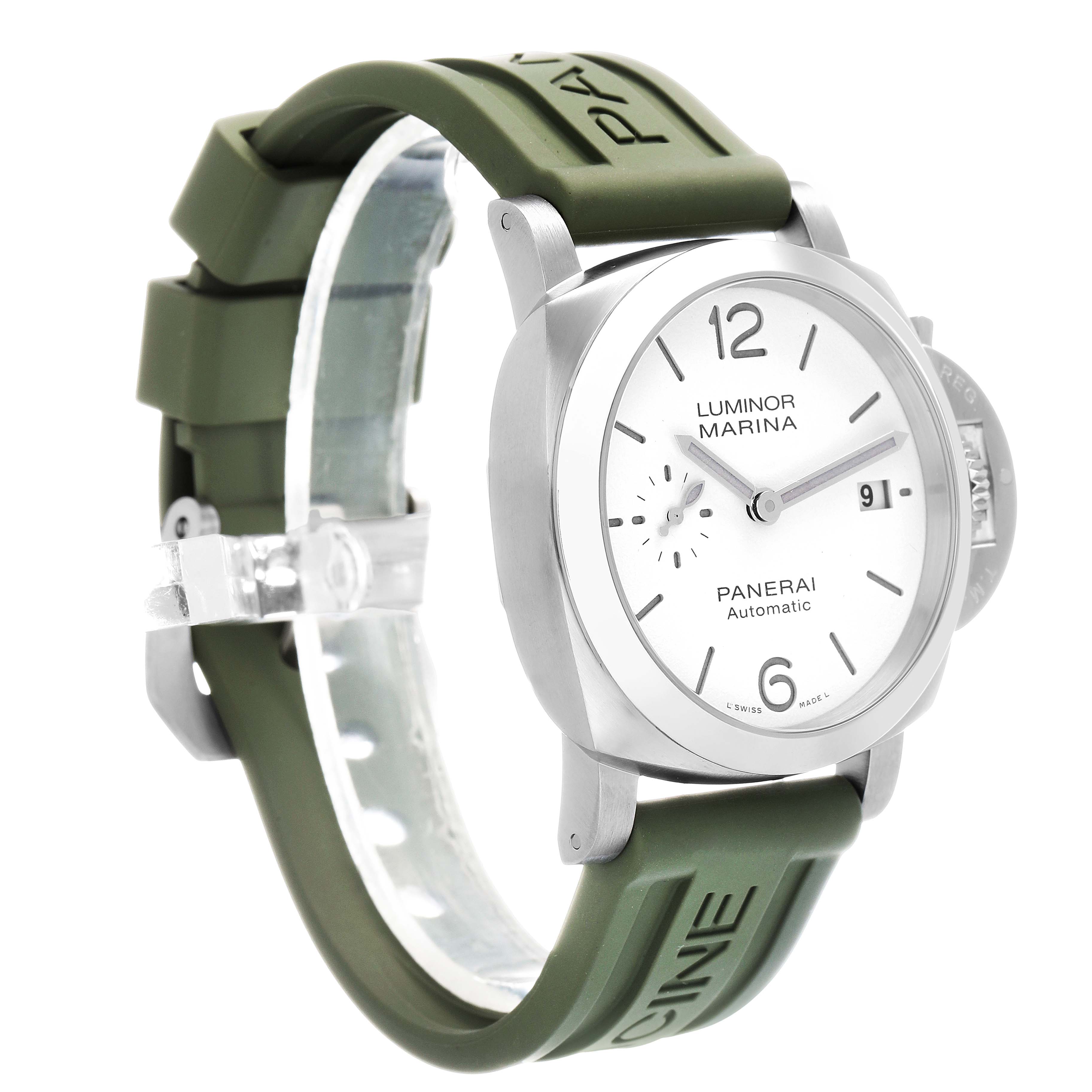 The Panerai Luminor PAM01371 Men's Stainless Steel White Dial watch is shown in a front-left angled view, highlighting the dial, strap, and crown guard.