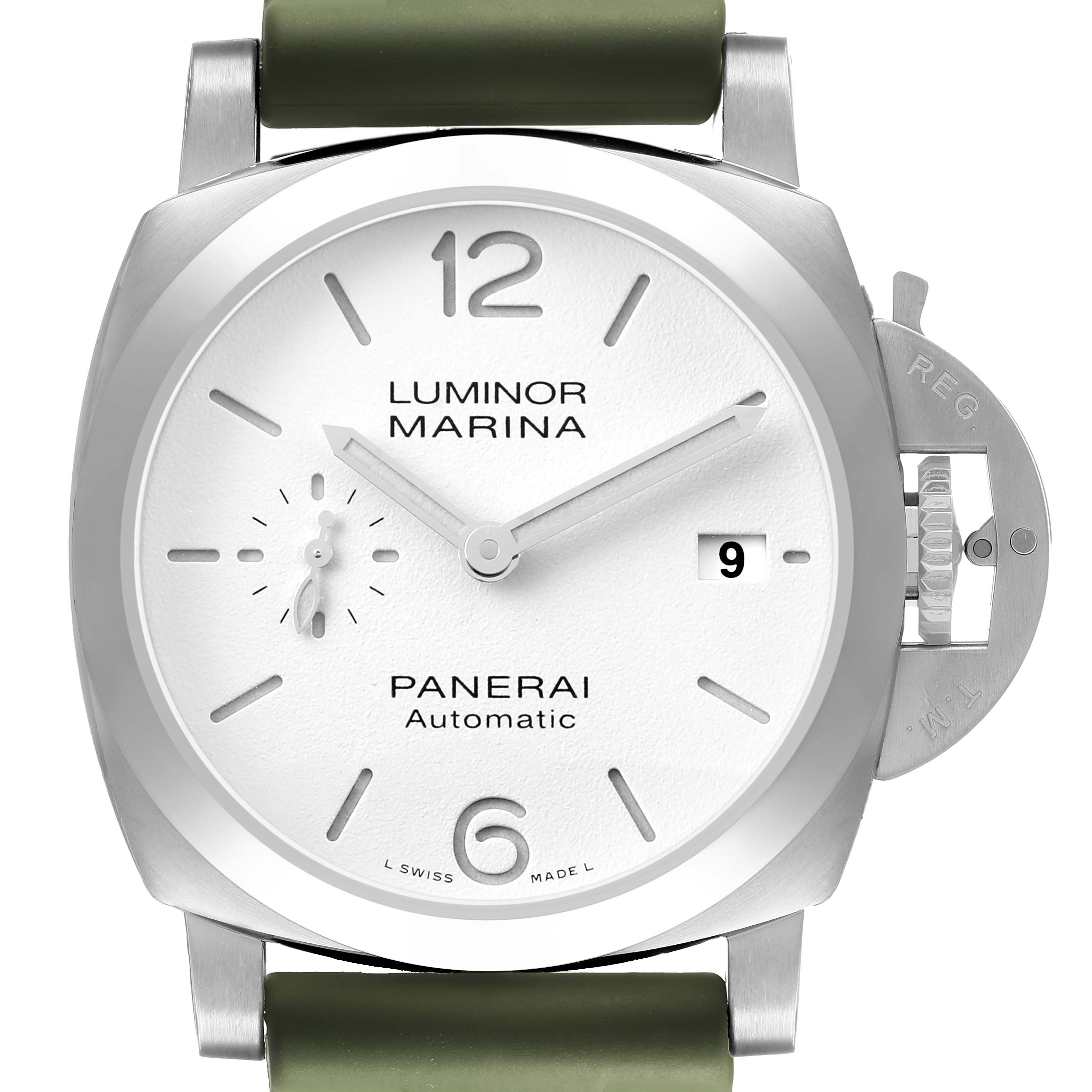 The Panerai Luminor PAM01371 Men's Stainless Steel White Dial model is shown from the front, displaying the dial, crown guard, and strap attachment.