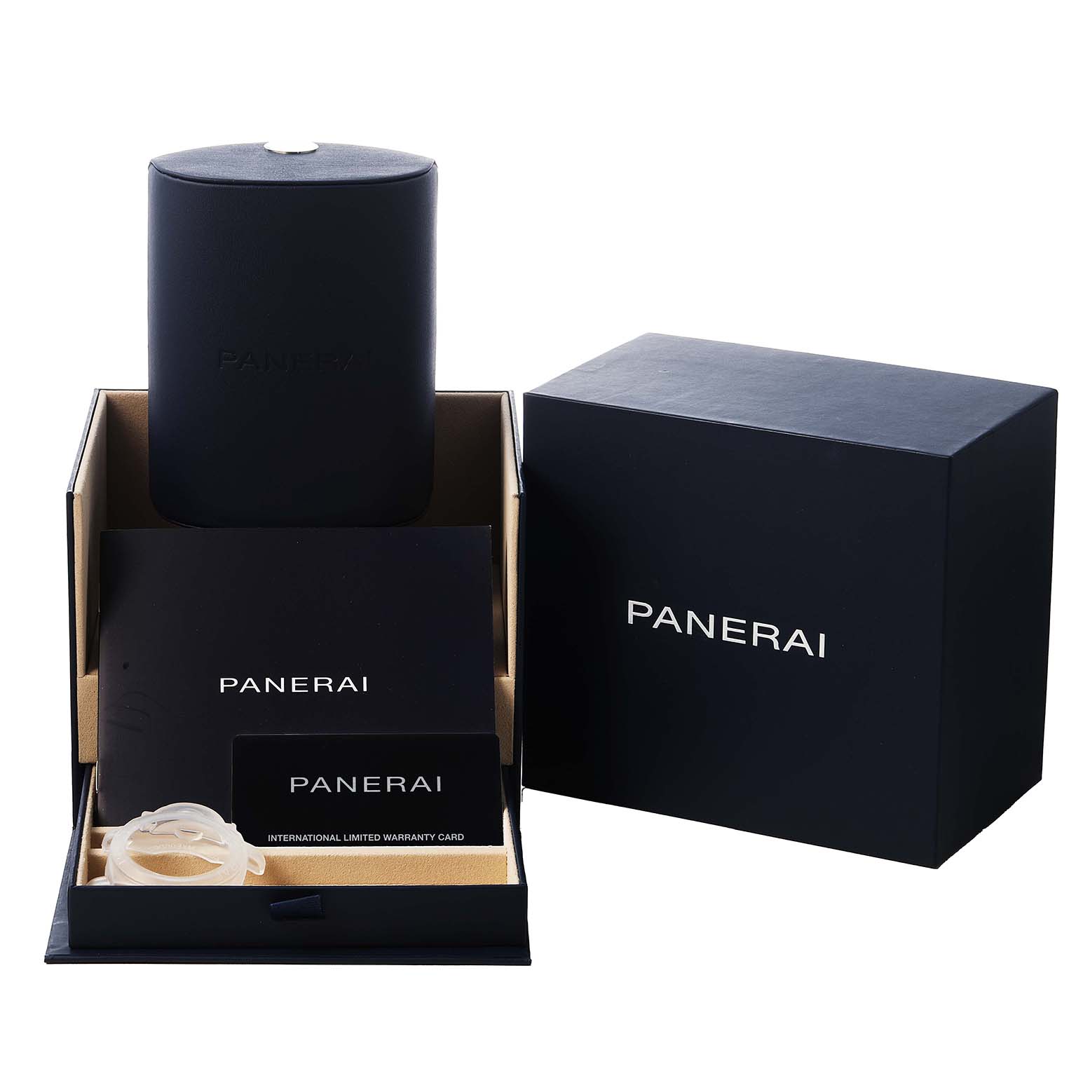 The image shows a Panerai Luminor PAM01371 Men's Stainless Steel White Dial watch box set with a cylindrical case, warranty card, and packaging materials.