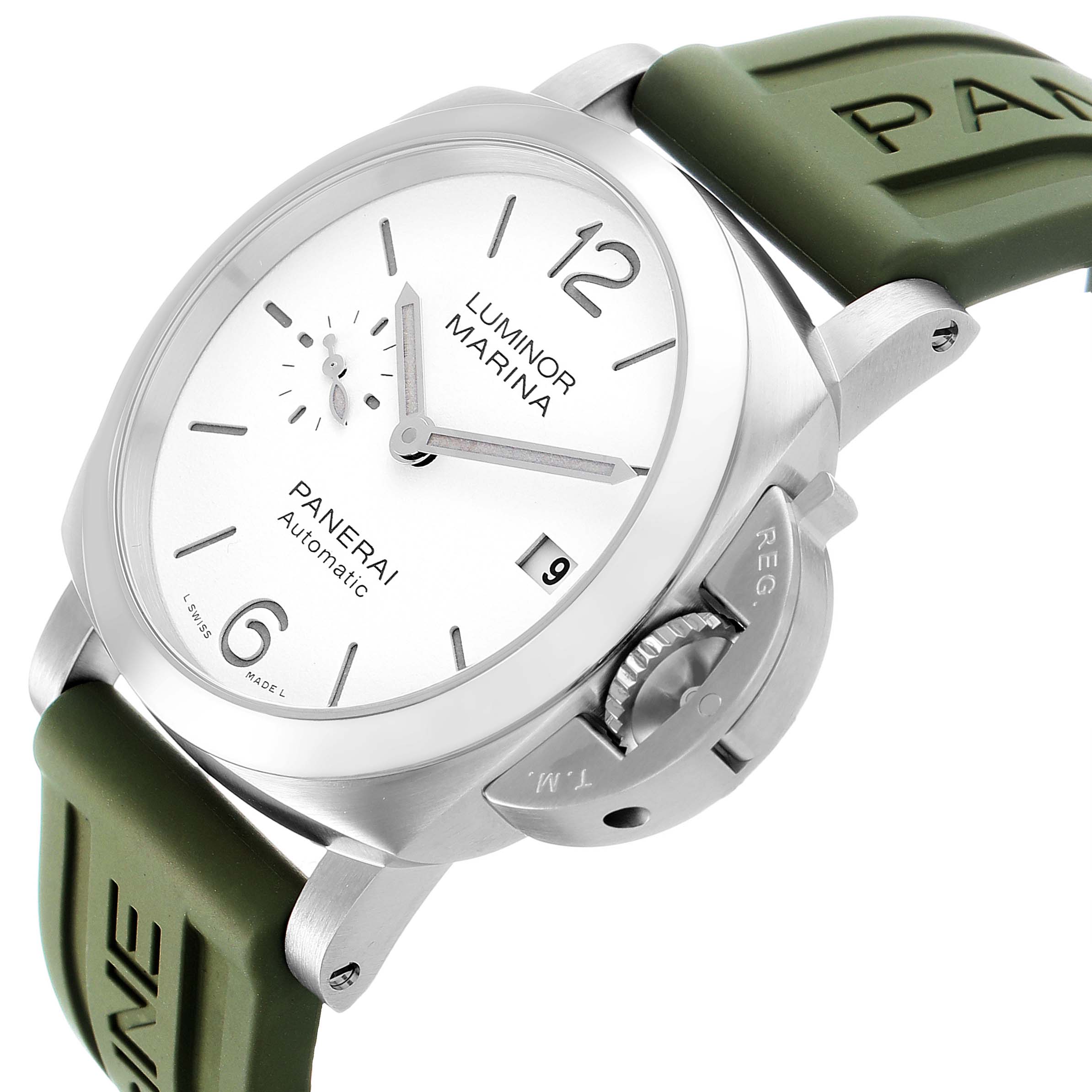 The Panerai Luminor PAM01371 Men's Stainless Steel White Dial watch is shown at an angled side view, displaying the dial, crown guard, and green strap.