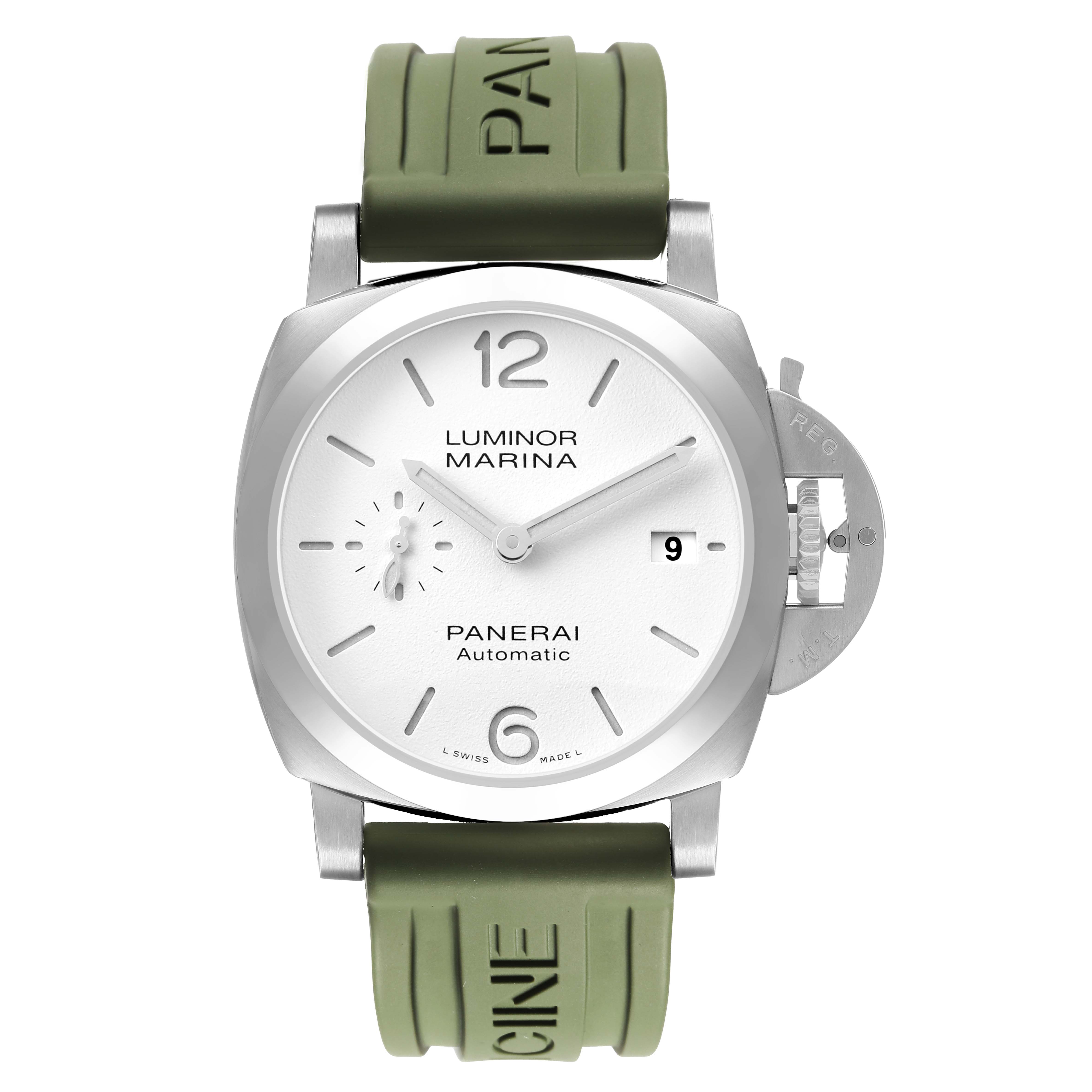 The Panerai Luminor PAM01371 Men's Stainless Steel White Dial model watch is shown from a frontal angle, highlighting its dial, case, and olive green strap.