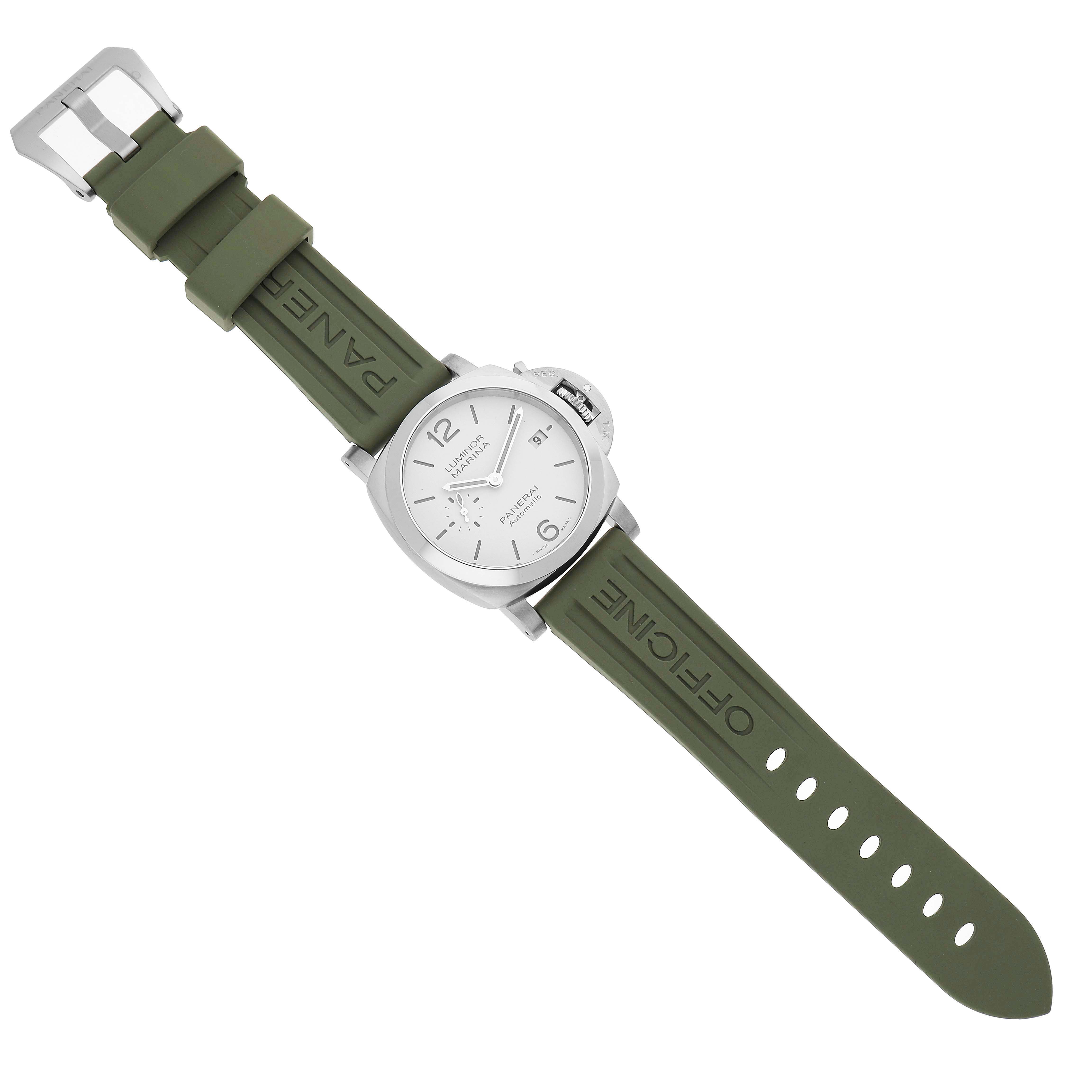 The image shows a Panerai Luminor PAM01371 Men's Stainless Steel White Dial watch from a top view, displaying its face, buckle, and olive green rubber strap.