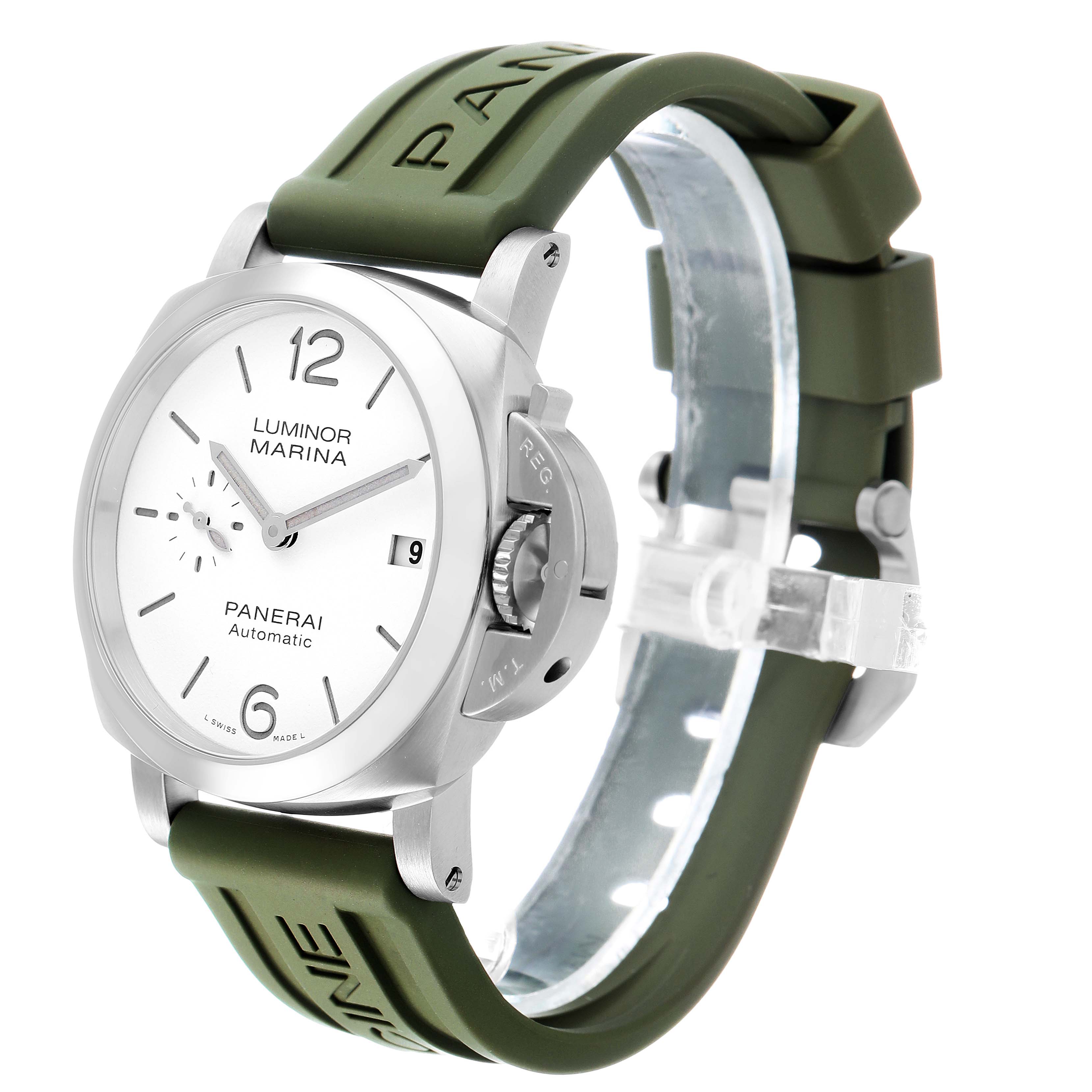 The Panerai Luminor PAM01371 Men's Stainless Steel White Dial watch is shown at a slight angle highlighting the dial, crown guard, and olive green strap.