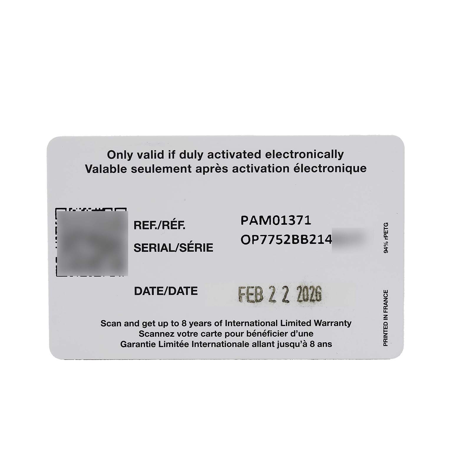 This image shows a warranty card for the Panerai Luminor PAM01371 Men's Stainless Steel White Dial model, displaying reference and serial numbers.