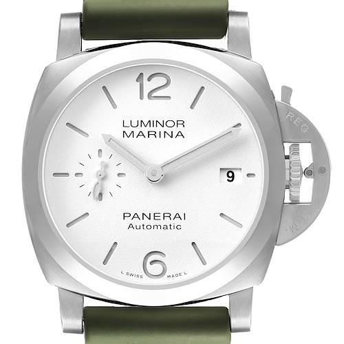 The Panerai Luminor PAM01371 Men's Stainless Steel White Dial watch is shown from the front, highlighting the dial, case, crown guard, and olive strap.