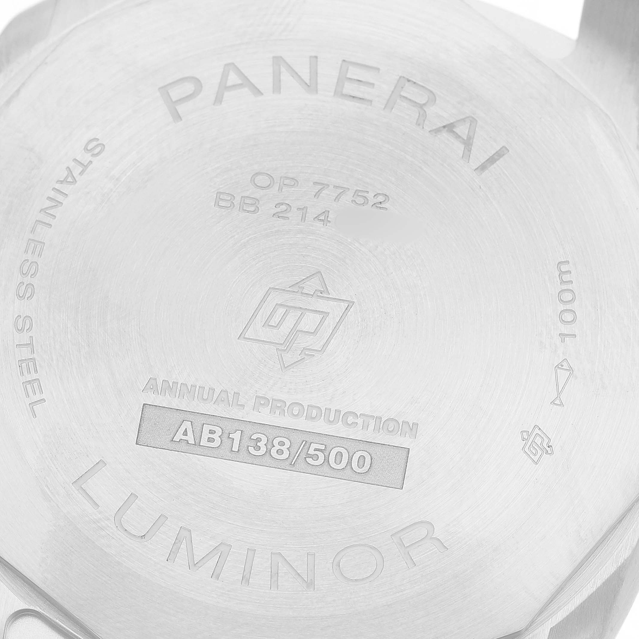 The image shows the back case of a Panerai Luminor PAM01371 Men's Stainless Steel White Dial watch, displaying engraving details and water resistance.