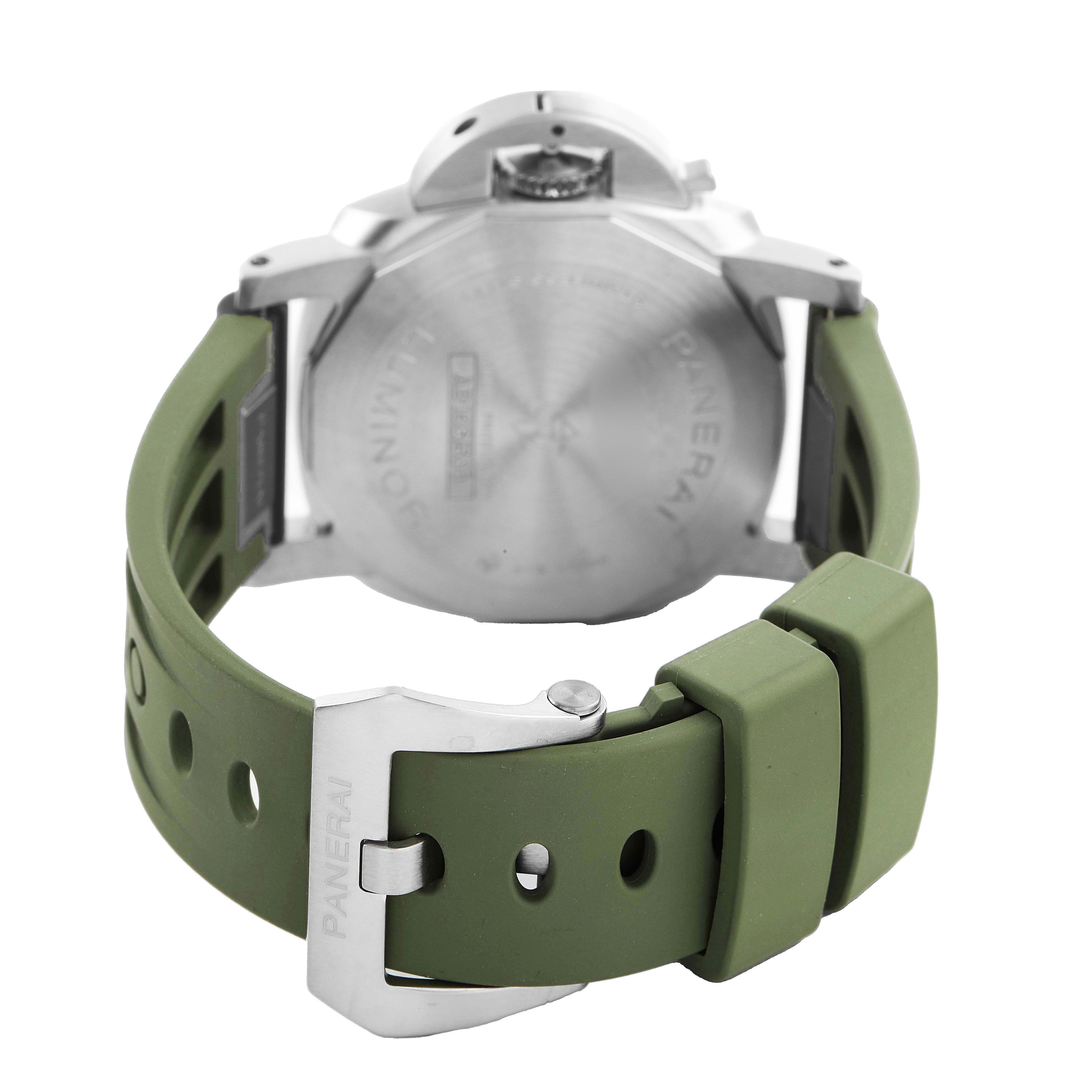 The image shows the back of a Panerai Luminor PAM01371 Men's Stainless Steel White Dial watch, highlighting the case back and green rubber strap with the buckle.
