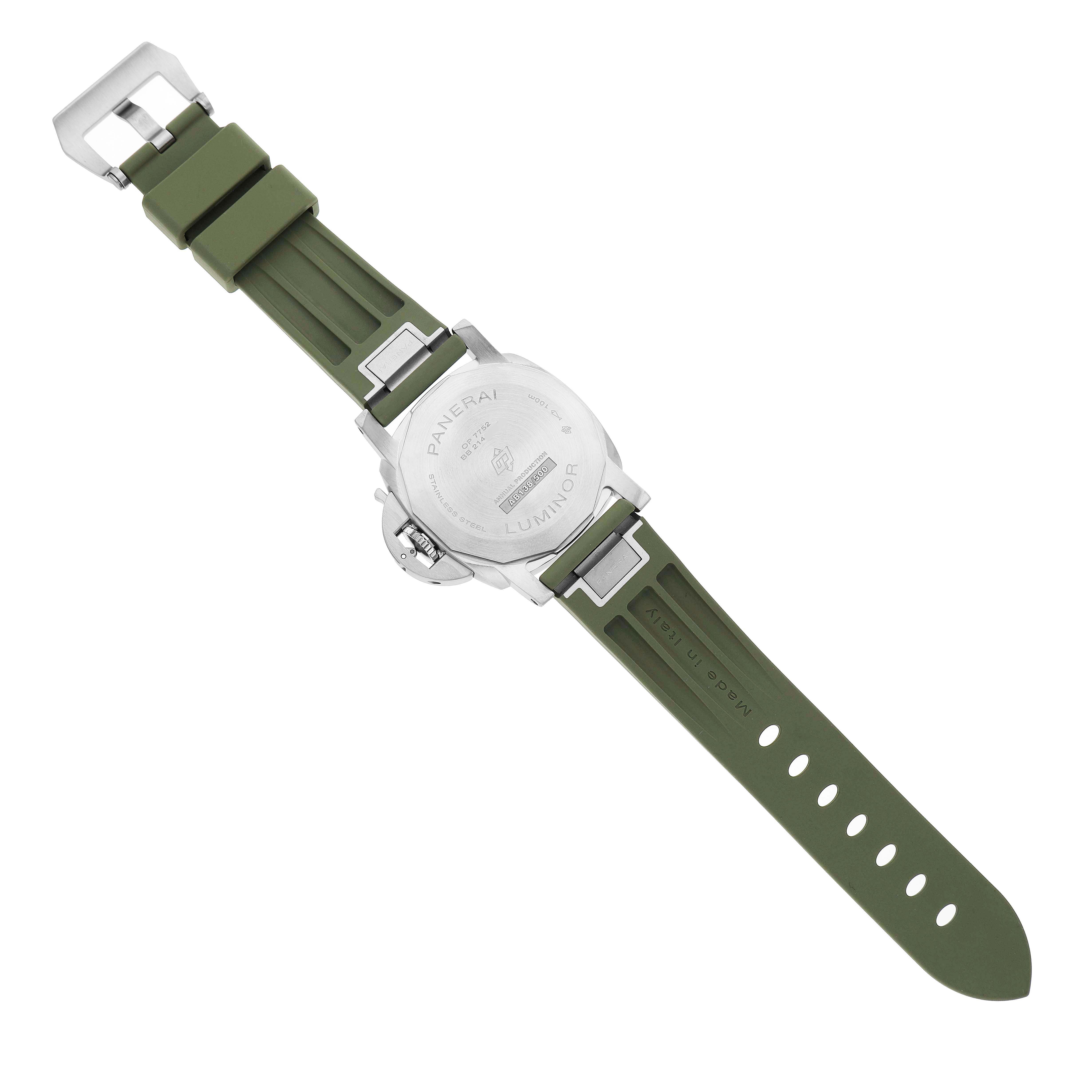 The Panerai Luminor PAM01371 Men's Stainless Steel White Dial watch is shown from the back, highlighting the case back, crown, and olive green strap.