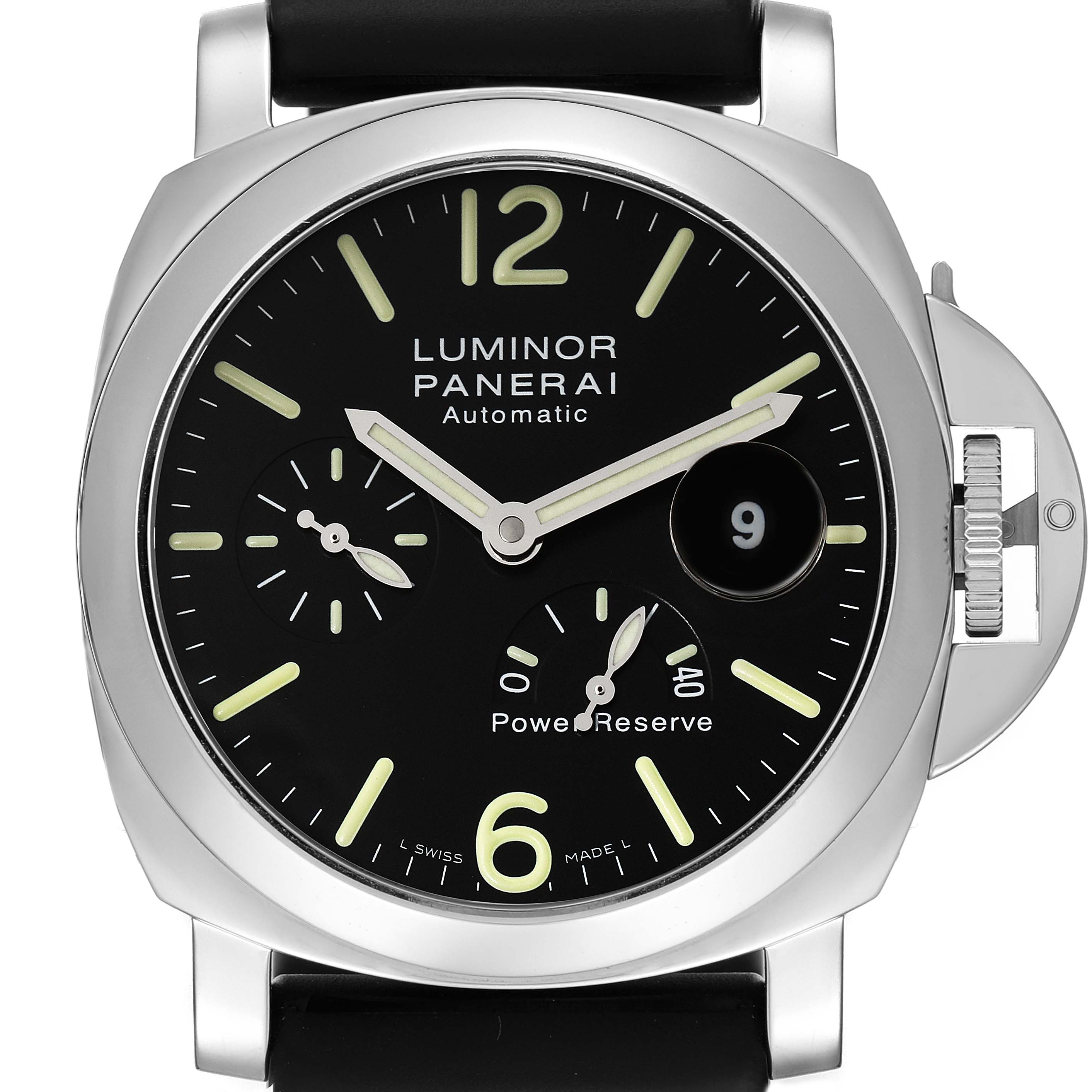 The image shows a frontal view of the Panerai Luminor PAM00090 Men
s Stainless Steel Black Dial PAM00090 Men
s Stainless Steel Black Dial watch, displaying its black dial, hands, subdials, and signature crown guard.