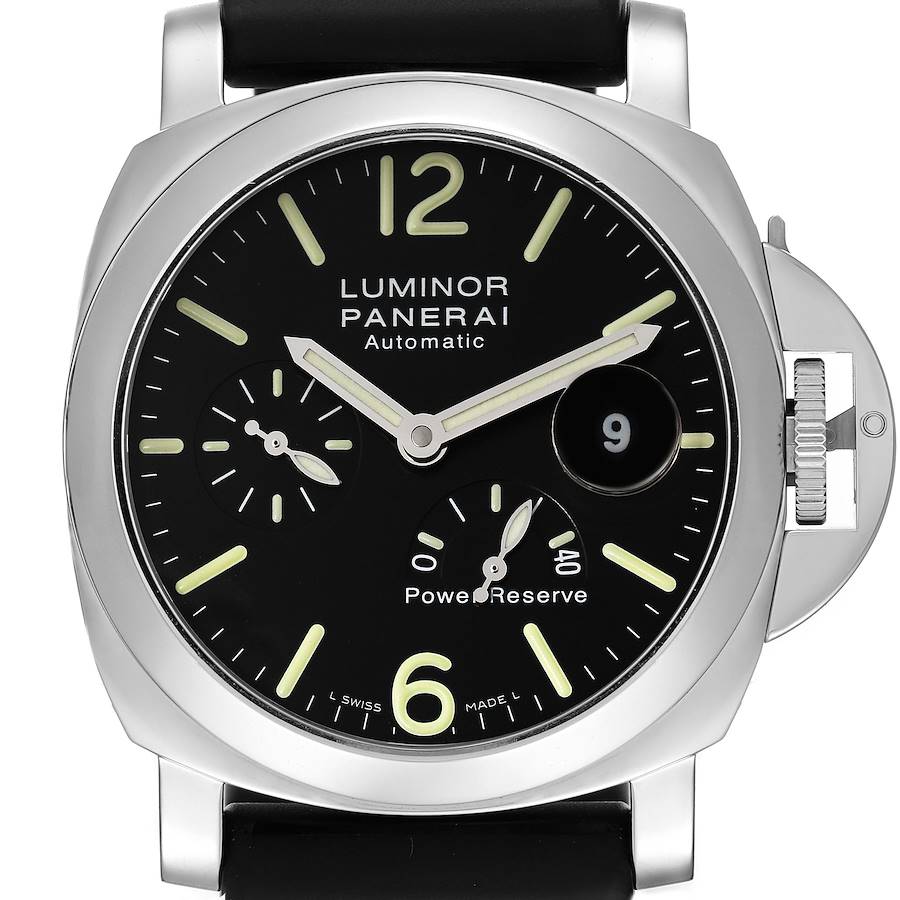 The image shows a frontal view of the Panerai Luminor watch, displaying its black dial, hands, subdials, and signature crown guard.