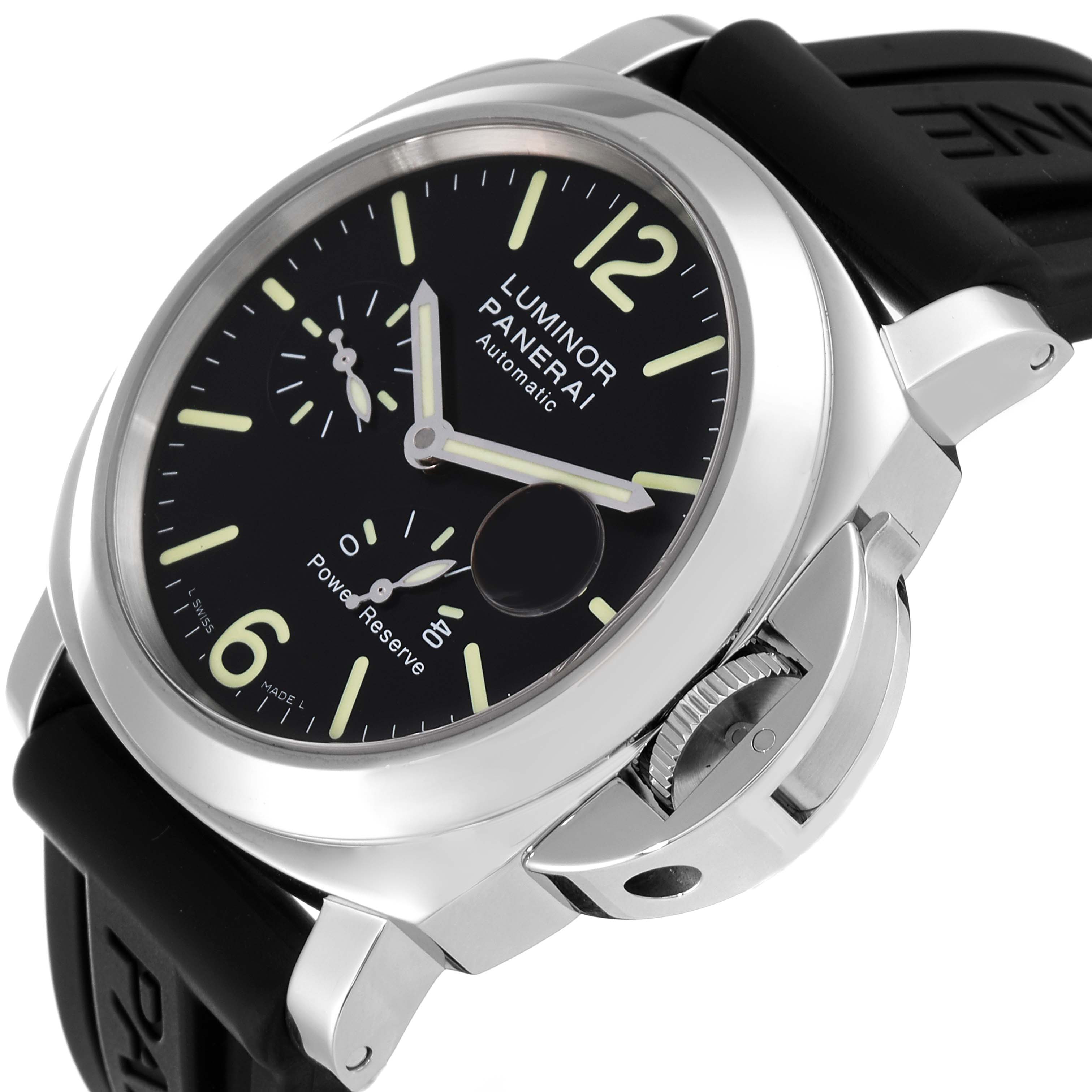 The image shows a Panerai Luminor PAM00090 Men
s Stainless Steel Black Dial PAM00090 Men
s Stainless Steel Black Dial watch at an angled side view, highlighting its dial, crown guard, and rubber strap.