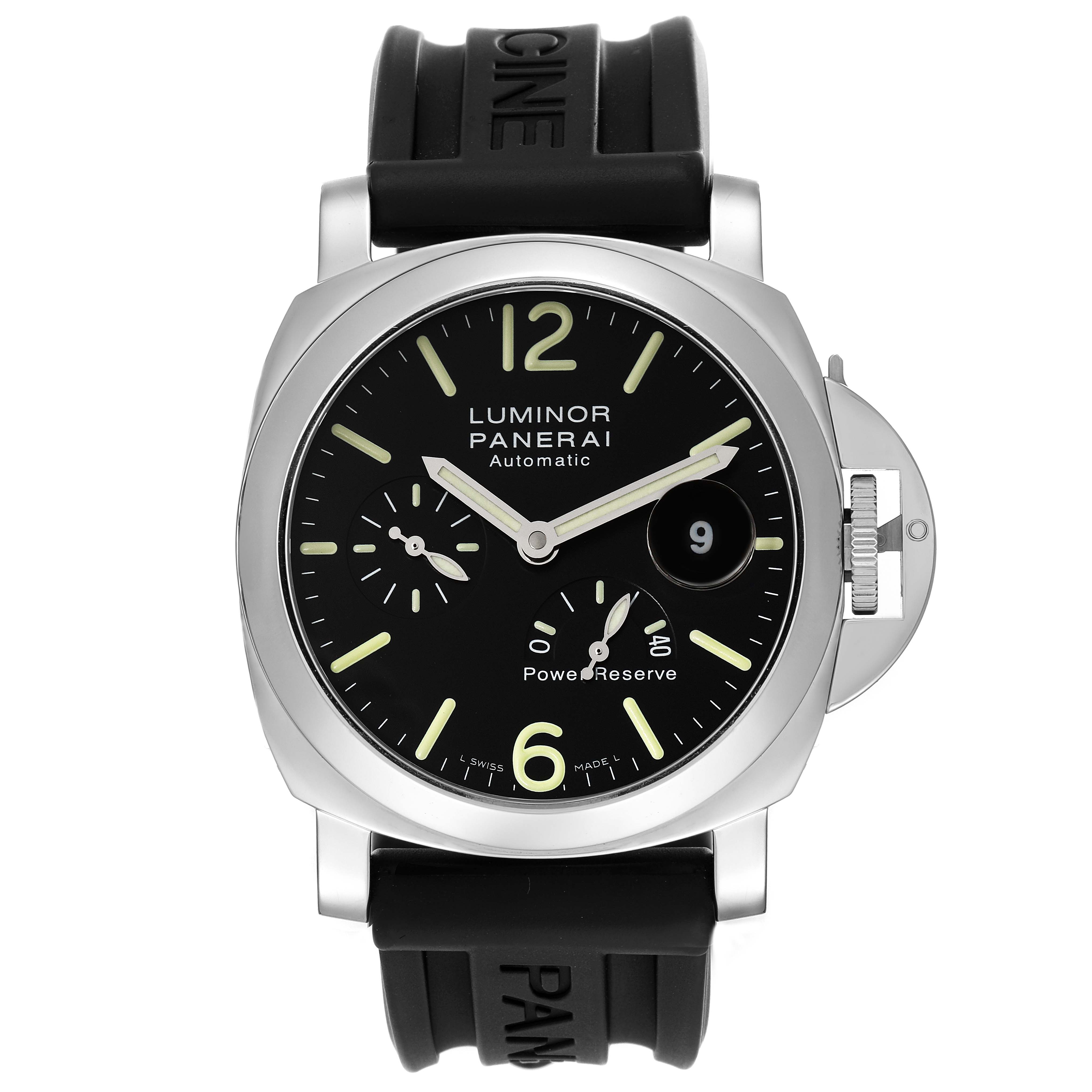 The Panerai Luminor PAM00090 Men
s Stainless Steel Black Dial PAM00090 Men
s Stainless Steel Black Dial watch is shown from a front angle, displaying the face, bezel, and strap.