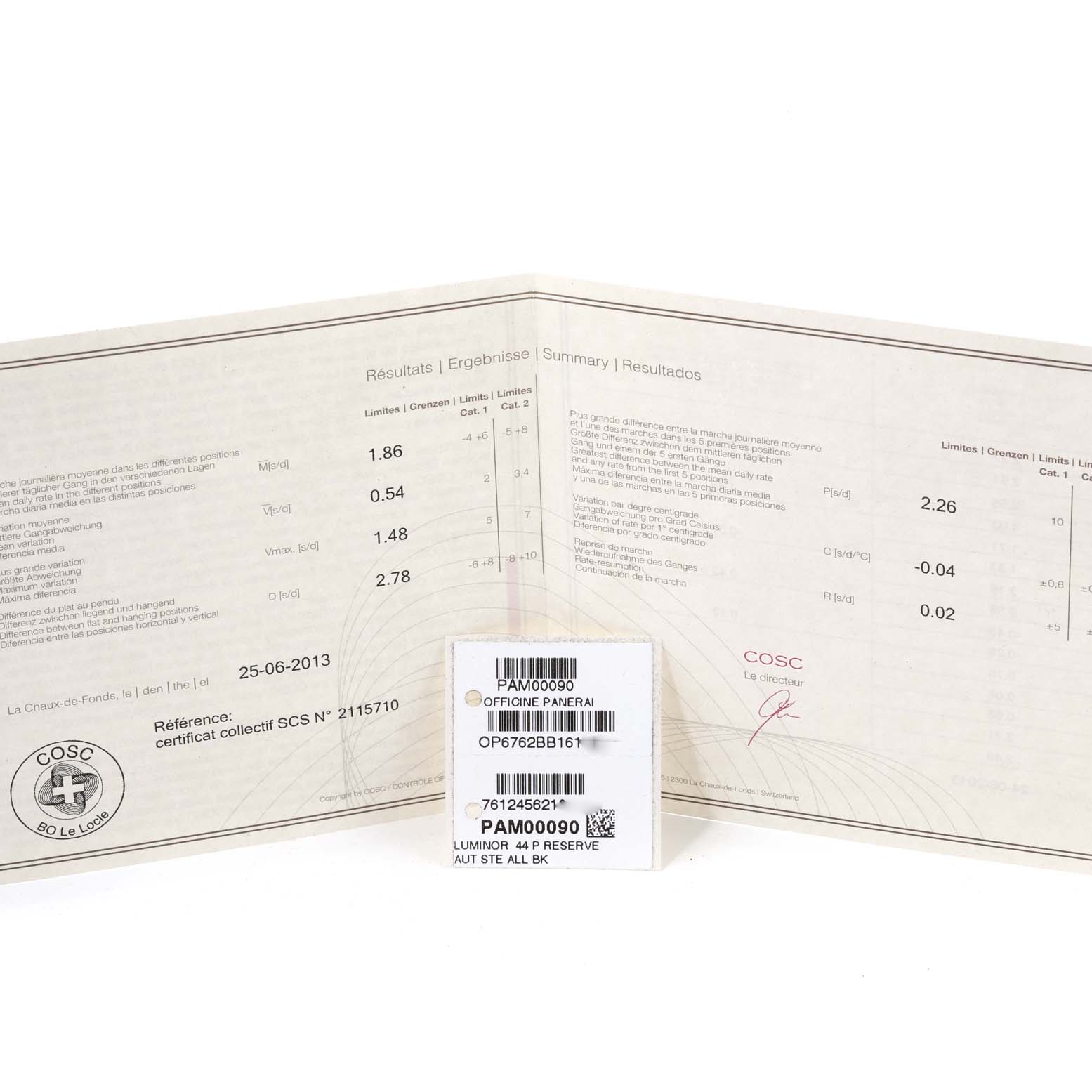 The image shows a COSC certificate and a label for the Luminor model by Panerai, both positioned upright and clearly visible.