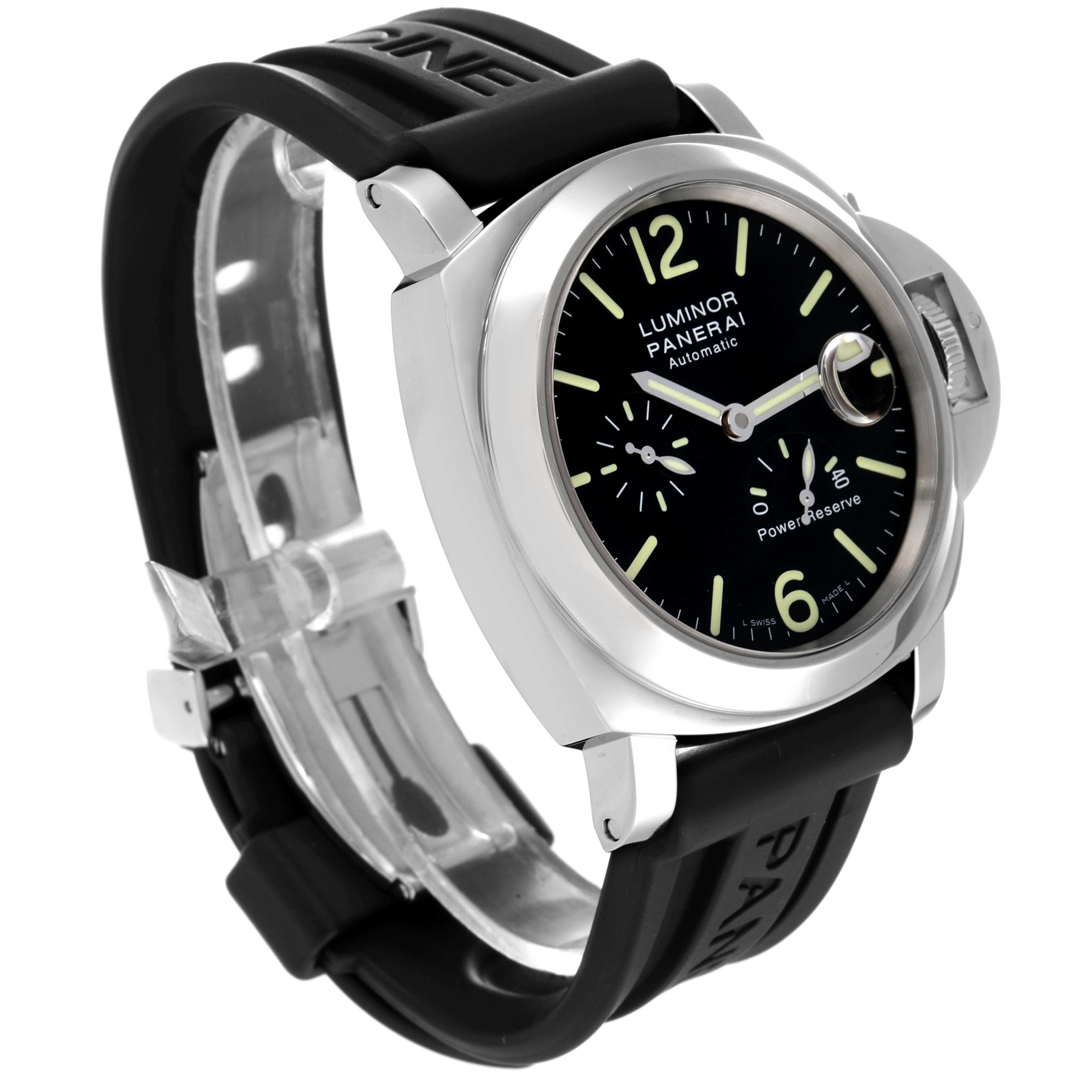 The Panerai Luminor PAM00090 Men
s Stainless Steel Black Dial PAM00090 Men
s Stainless Steel Black Dial watch is shown at an angle highlighting the face, crown guard, and rubber strap.